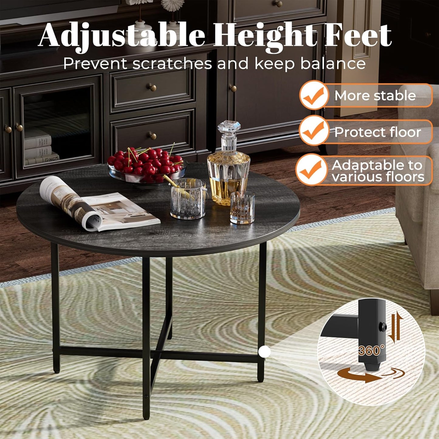 Round Coffee Table, Small Coffee Tables for Living Room, Wood Coffee Table with Metal Frame, Floor Table Desk for Sitting on The Floor, Home, Office, Farmhouse, Dark Gray (23.6" D x 17.7" H)