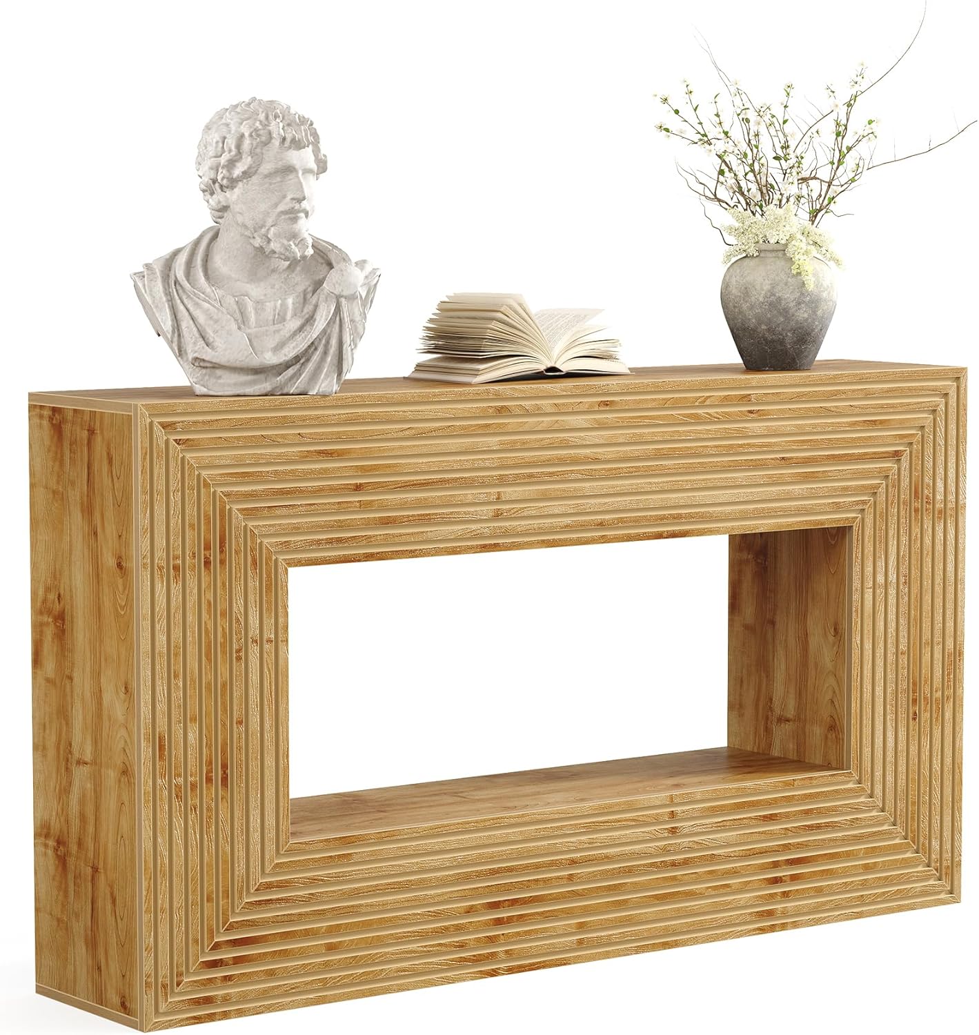 LITTLE TREE 59-Inch Console Table with Storage, 2-Tier Farmhouse Fluted Sofa Table Behind Couch, Large Narrow Entryway Furniture for Living Room, Foyer (Light Walnut)