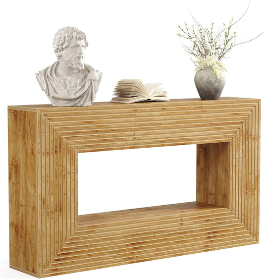 LITTLE TREE 59-Inch Console Table with Storage, 2-Tier Farmhouse Fluted Sofa Table Behind Couch, Large Narrow Entryway Furniture for Living Room, Foyer (Light Walnut)