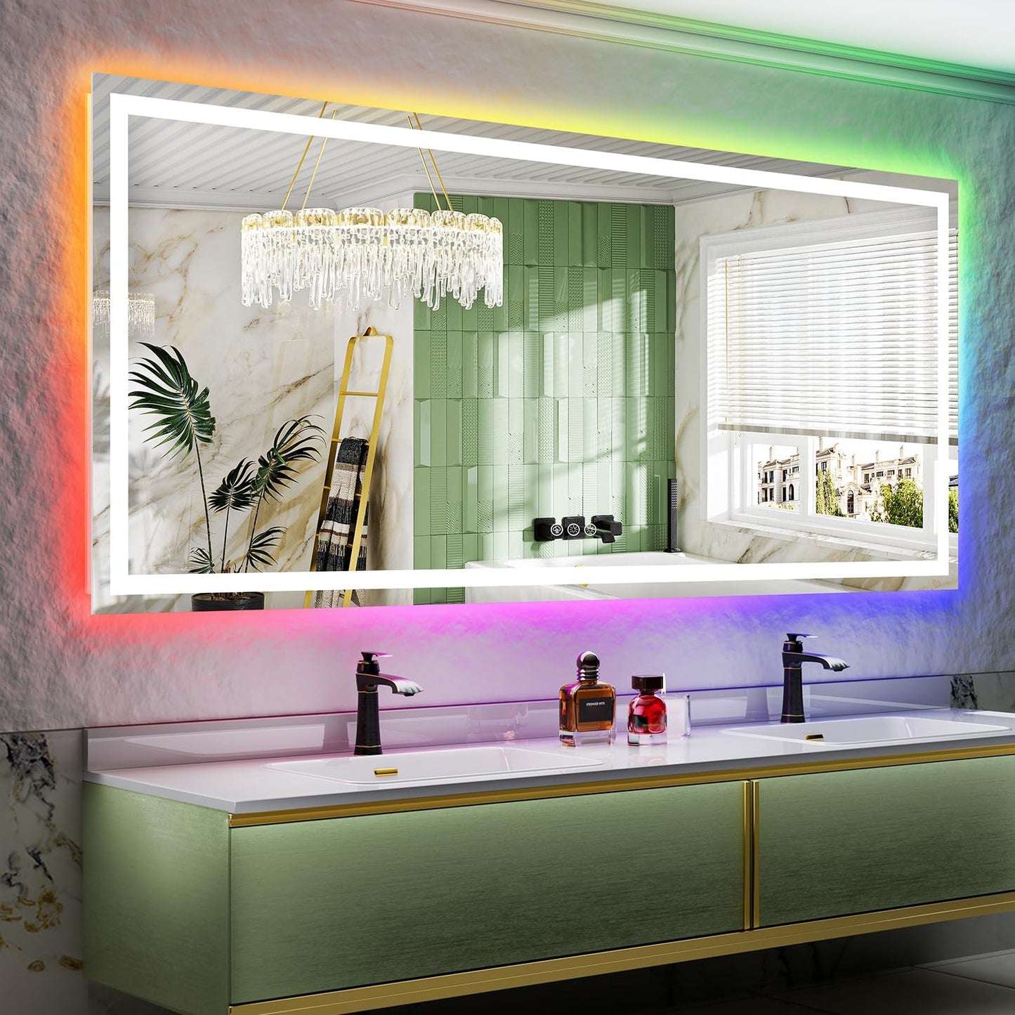 88x38 Inch RGB LED Bathroom Mirror Front Lit and RGB Backlit Lighted Vanity Mirror for Bathroom Wall Dimmable Anti Fog Memory Shatter-Proof IP54 Waterproof Horizontal/Vertical