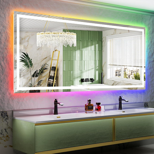 88x38 Inch RGB LED Bathroom Mirror Front Lit and RGB Backlit Lighted Vanity Mirror for Bathroom Wall Dimmable Anti Fog Memory Shatter-Proof IP54 Waterproof Horizontal/Vertical