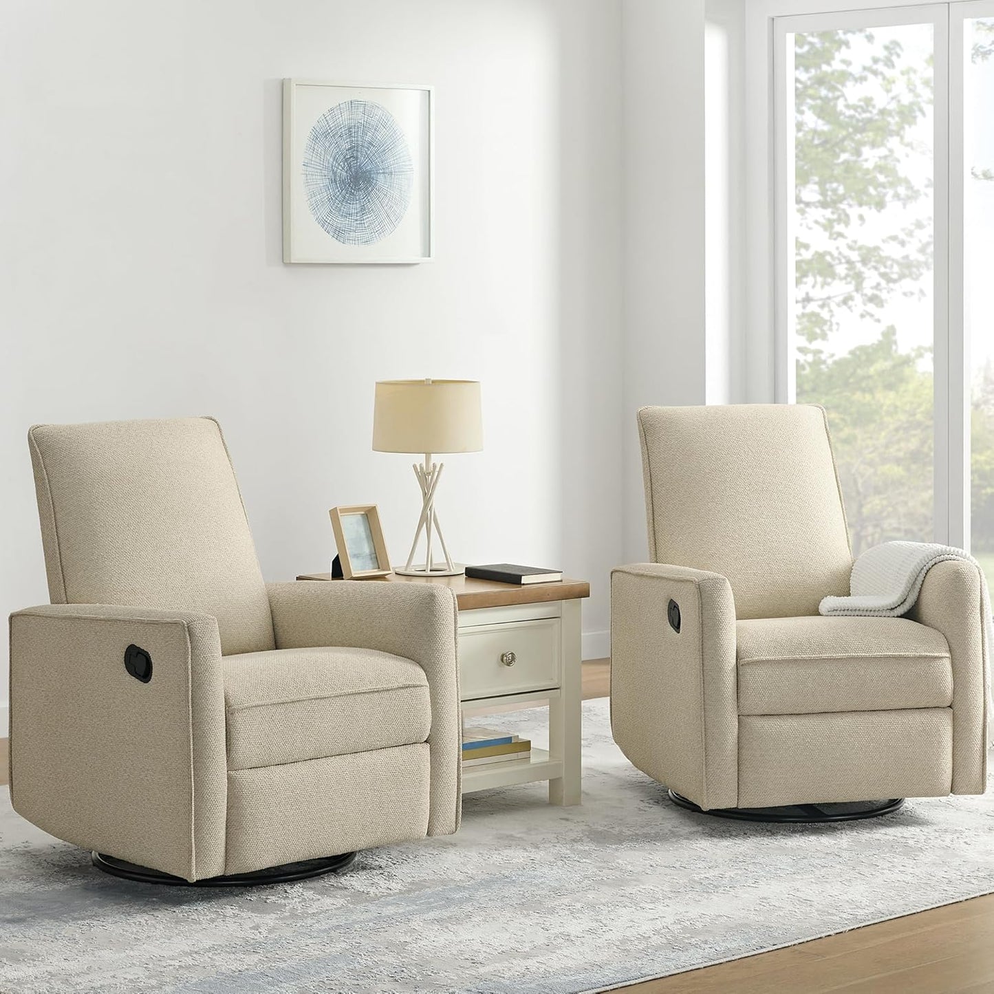 Upholstered Recliner Swivel Glider Nursery Chair Reclining Performance Fabric Rocker with Metal Base,Basketweave,Oat