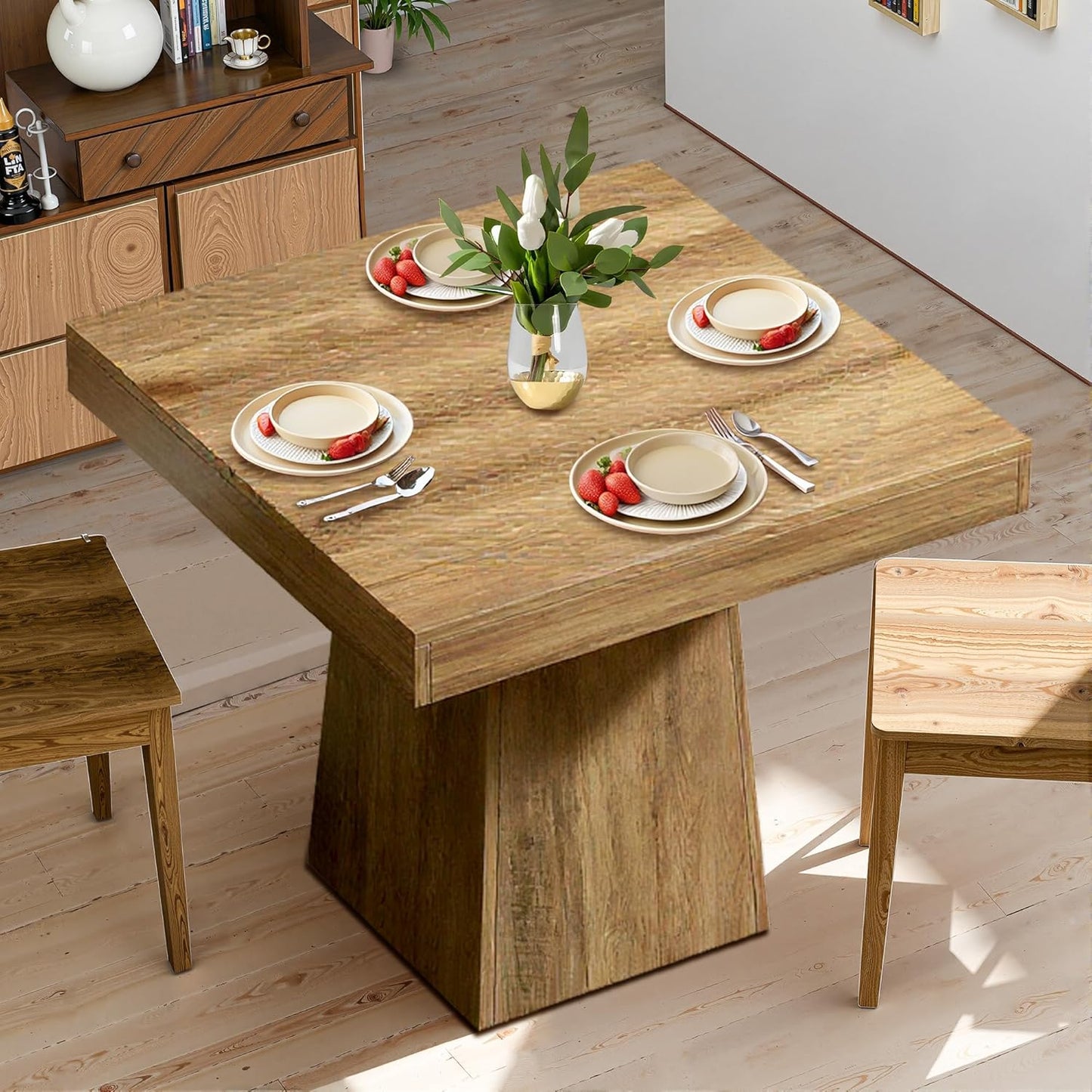 NicBex Square Dining Table for 4, 31.5" Farmhouse Dinner Table Small Dining Room Tables Wooden Kitchen Tables with Heavy Duty Pedestal for Kitchen, Living Room, Brown