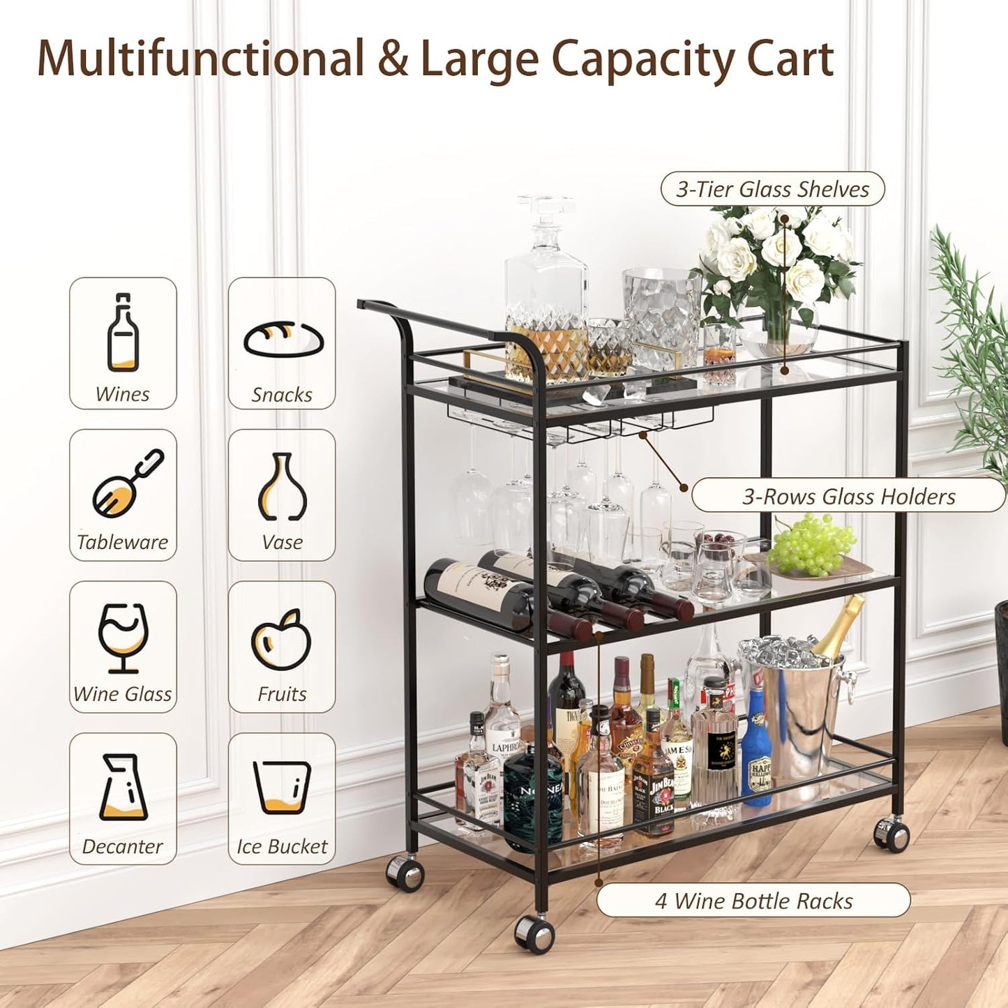 Black Bar Cart, Home Bar Serving Cart with Handle, Wine Cart with 3-Tier Glass Shelves, Beverage Cart with Wine Rack and Glass Holder, Bar Carts for The Home, Dining Room, Living Room