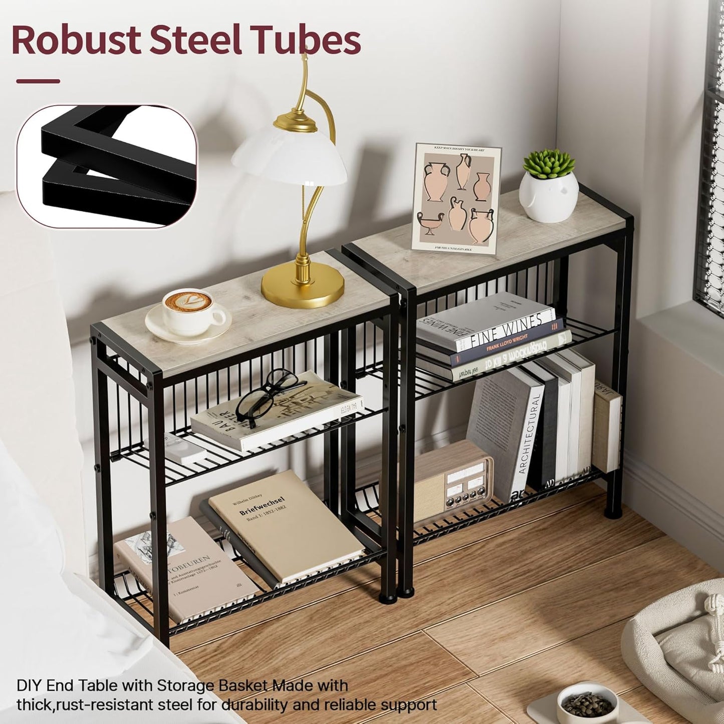 Narrow Side Table for Small Space, 3-Tier End Table with Magazine Holder, Slim Nightstand with Wire Shelf, Skinny Bedside Table in Living Room, Bedroom, Study, Kitchen and Balcony(Greige)