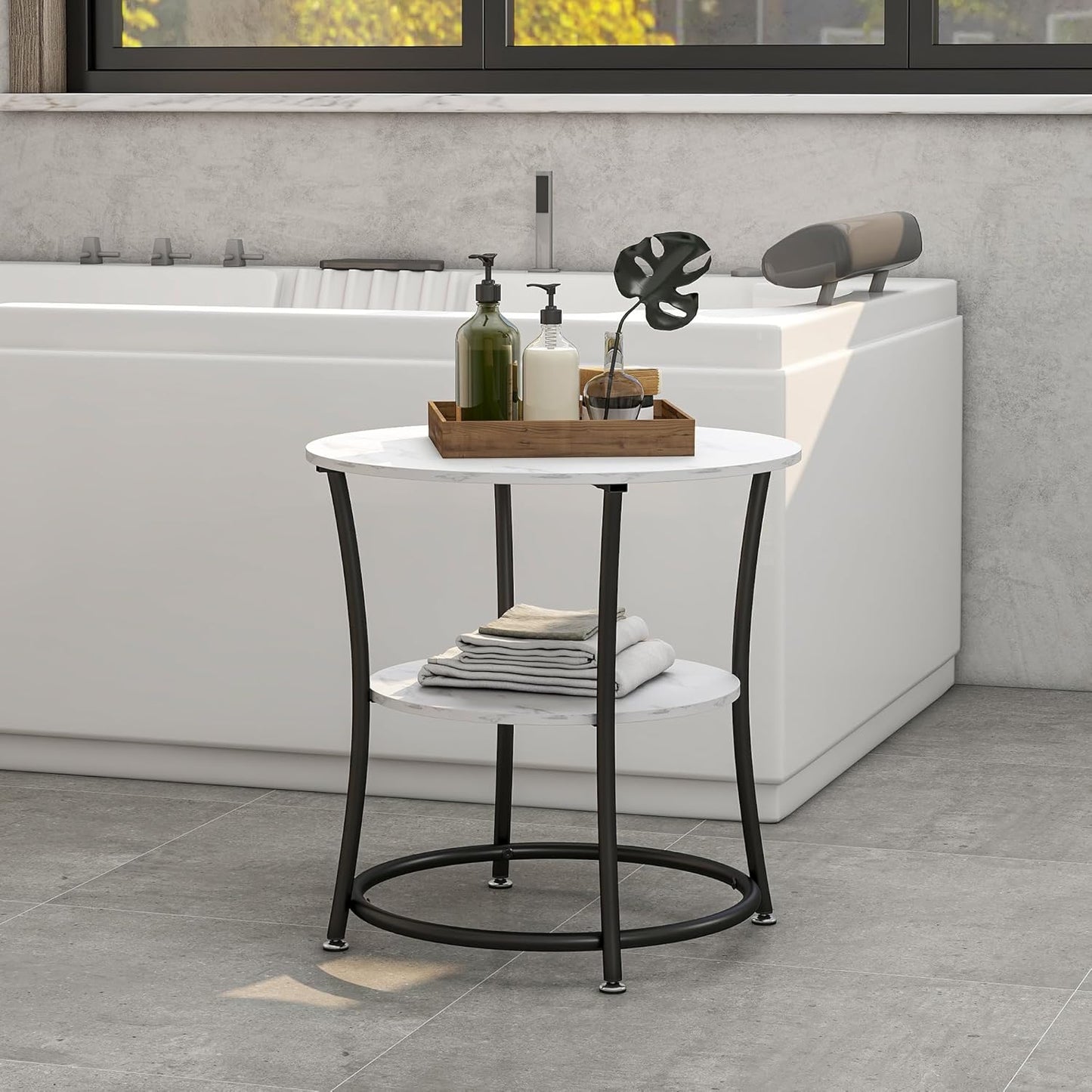 BOFENG Round Coffee Table Side Table,Round End Table with 2 Storage Shelves for Living Room, Bedroom,Small Space,Coffee Table Nightstand with Sturdy Metal Frame,Easy Assembly,White