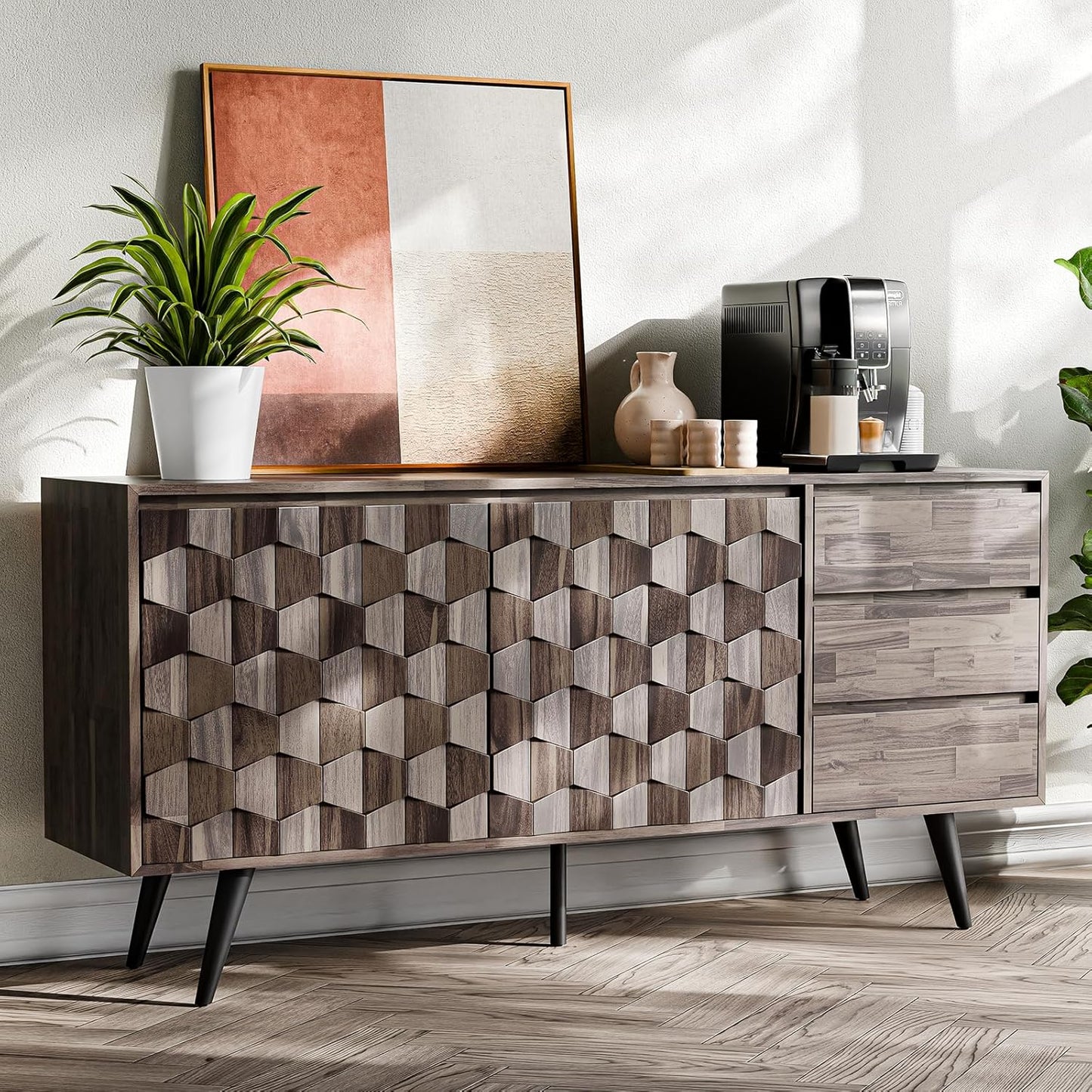 Bme Georgina Solid Wood Sideboard with Geometric Pattern, 2 Doors and 3 Drawers, 61 Inch Mid Century Modern Sideboard Cabinet for Kitchen, Dining Room, Living Room, Mocha