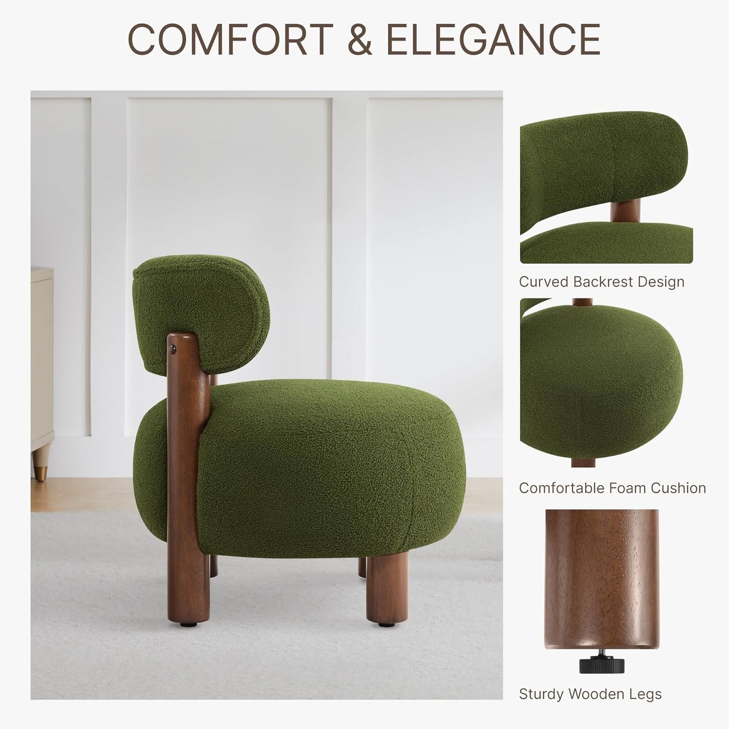 Modern Boucle Accent Chair Set of 2, with Plush Faux Sherpa Upholstery, Curved Backrest, Solid Wood Legs for Living Room Bedroom Reading Nook, 27.5", Green