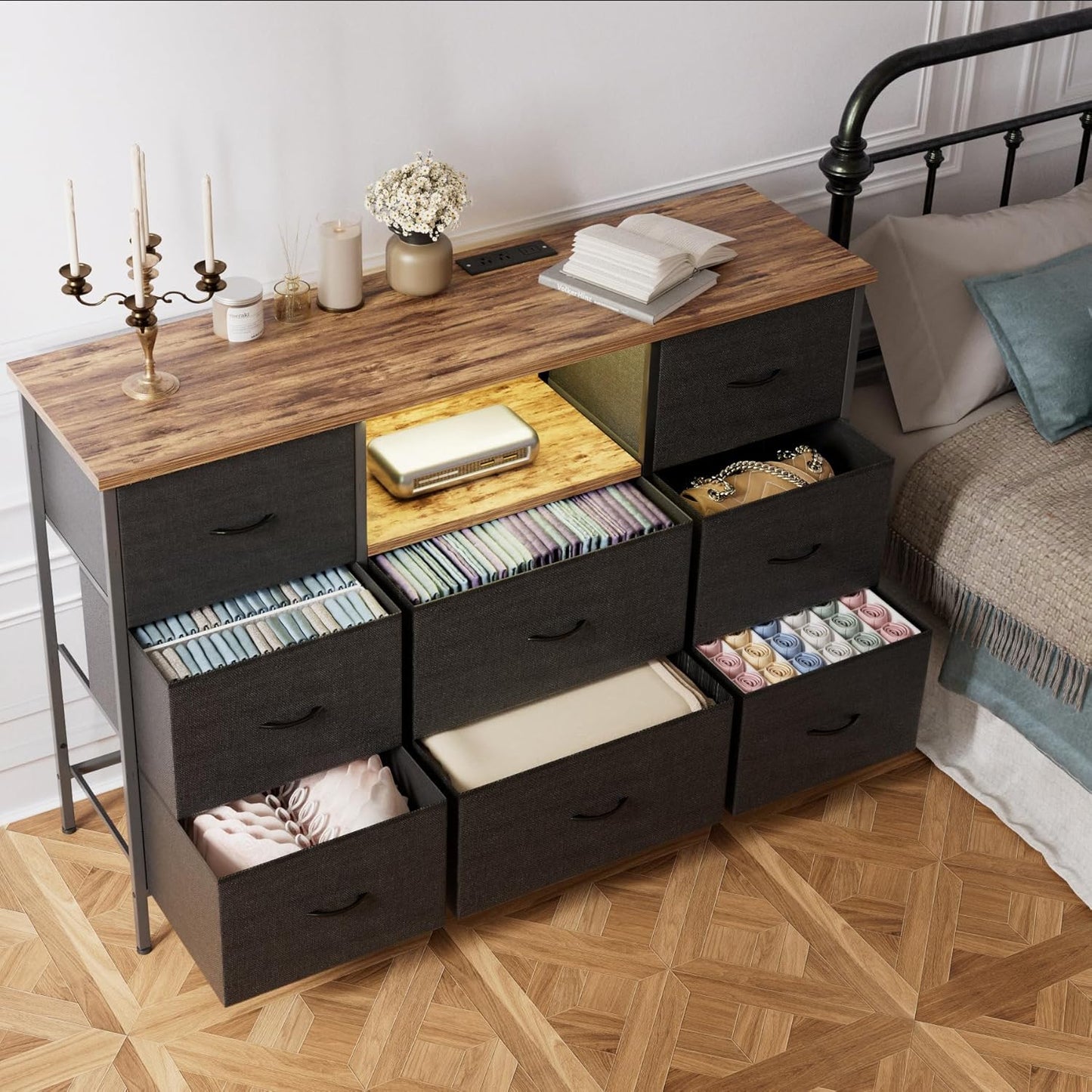 Black Dresser with LED Lights & Power Outlets, Dresser TV Stand with 8 Drawers for 55" TV, Fabric Chest of Drawers for Bedroom, Living Room, Entryway