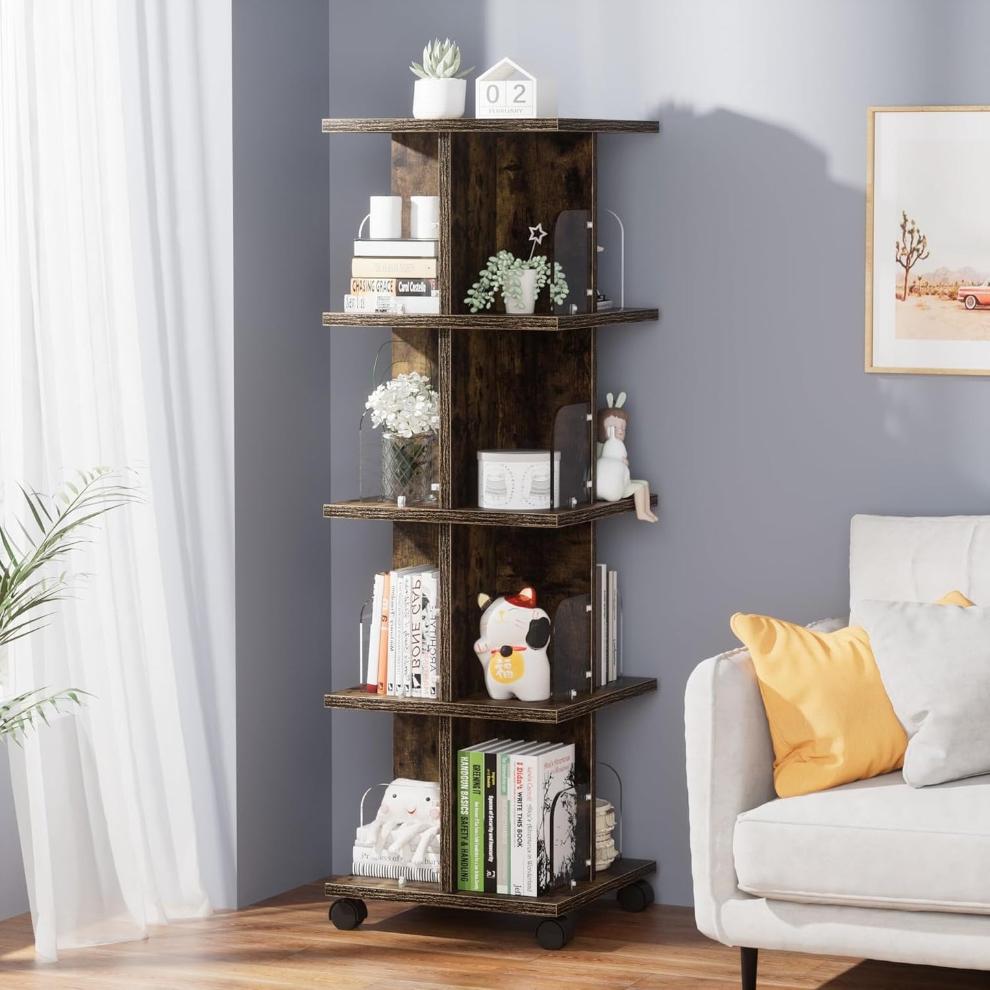 VECELO Rotating Bookshelf with Brake Wheels, 360°Display 4 Tier Floor Stackable Spinning-Bookshelf Tower for Kids&Adults, Revolving Bookcase for Small Space,Corner(Brown)