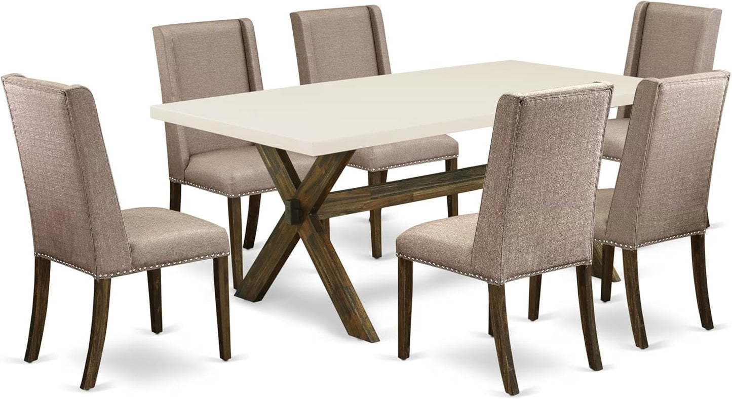 East West Furniture X727FL716-7 7 Piece Dining Set Consist of a Rectangle Dining Room Table with X-Legs and 6 Dark Khaki Linen Fabric Upholstered Parson Chairs, 40x72 Inch, Multi-Color