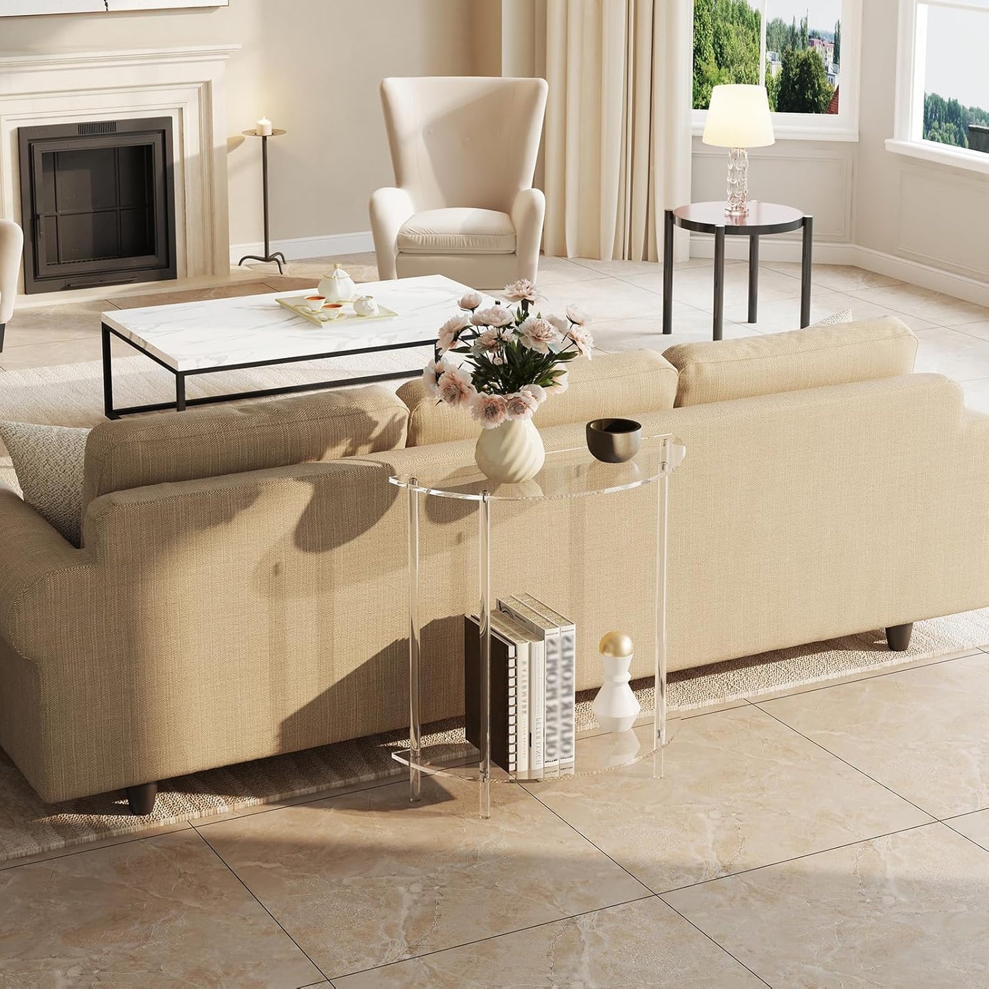 Acrylic Console Table, 2-Tier Half Moon Sofa Couch Table with Storage Shelf, 29.53" Narrow Entryway Table for Bedroom, Living Room, Foyer, Hallway (Clear)