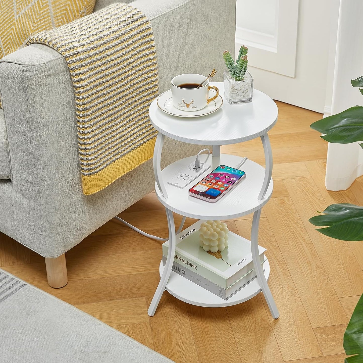 Small Round Side Table with Charging Station, 3-Tier Waist Circular End Table with Storage Shelf, Compact Tea Sofa Side Table Small Spaces, Round Corner Coffee Table for Living Room Bedroon,White