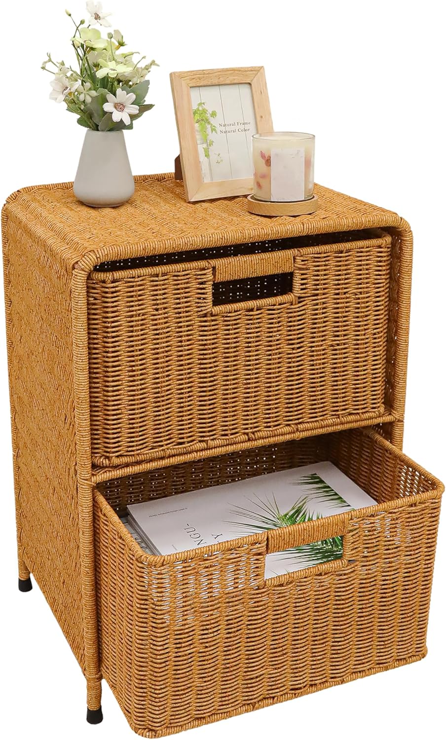 myHomeBody Wicker Nightstand with Drawers, Bed Side Table Bedroom, End Table with Storage, Small Storage Cabinet, Drawers for Bedroom, Latte