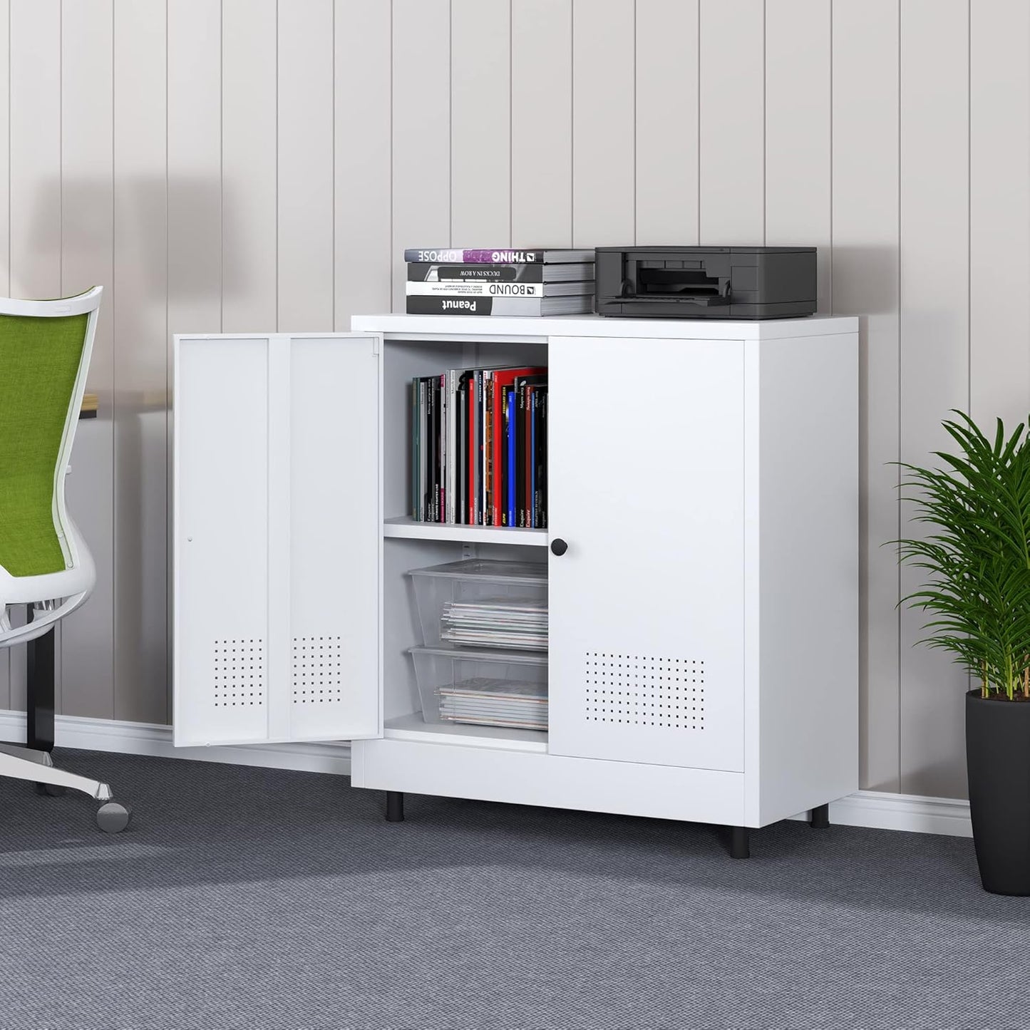 Metal Storage Cabinet with 2 Doors and Adjustable Shelf, Free Standing Accent Sideboard Buffet Cabinet for Home, Office, Entryway, Hallway, Living Room, Kitchen and Dining Room (White)