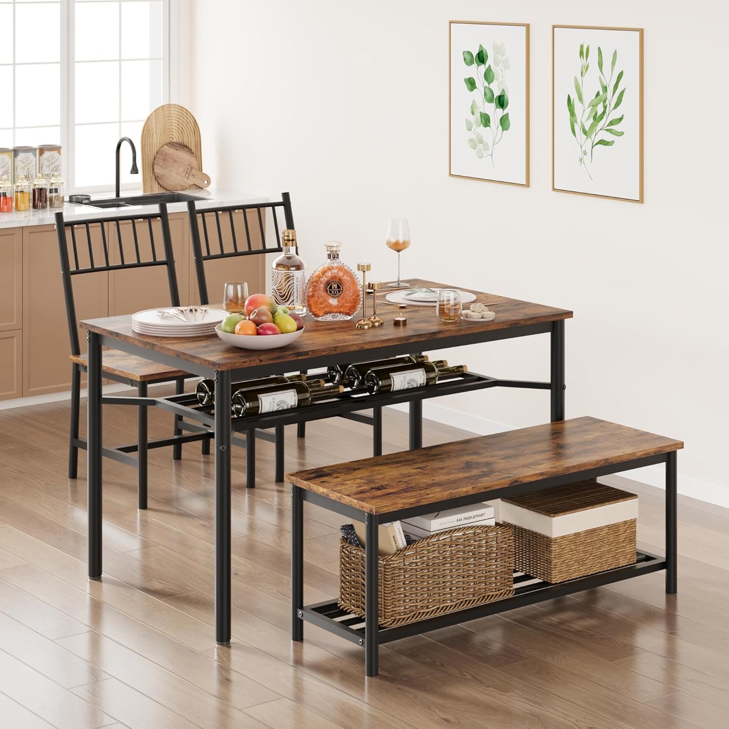Dining Table Set for 4, Kitchen Table for 4 with Bench and 2 Chairs, 4-Piece Dining Table Set for Apartment, Small Space, Brown