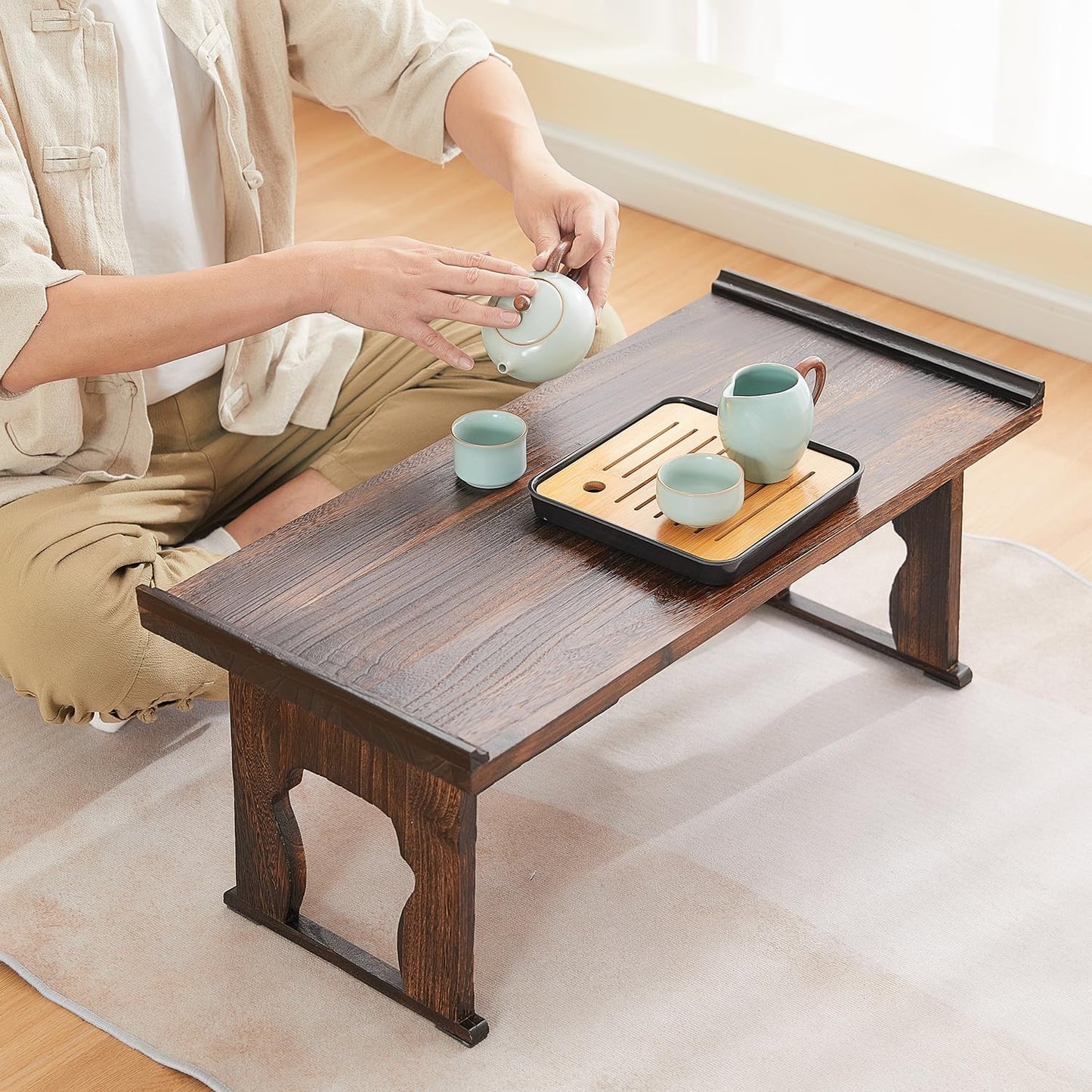 Japanese Floor Table, Small Coffee & Tea Table, Altar for Meditation, Low Table for Sitting on Floor, Wood Bed Tray With Foldable Legs, Laptop Desk