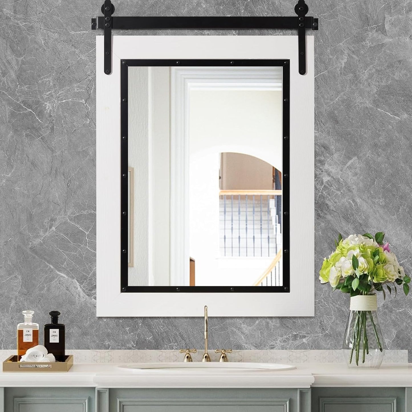 YOSHOOT Farmhouse Barn Door Mirror, 32"x24" Rustic Bathroom Mirror, Wood Frame Wall Mirror, Wooden Mirror for Living Room Bedroom Entryway Wall Décor, Vertical Hanging ONLY