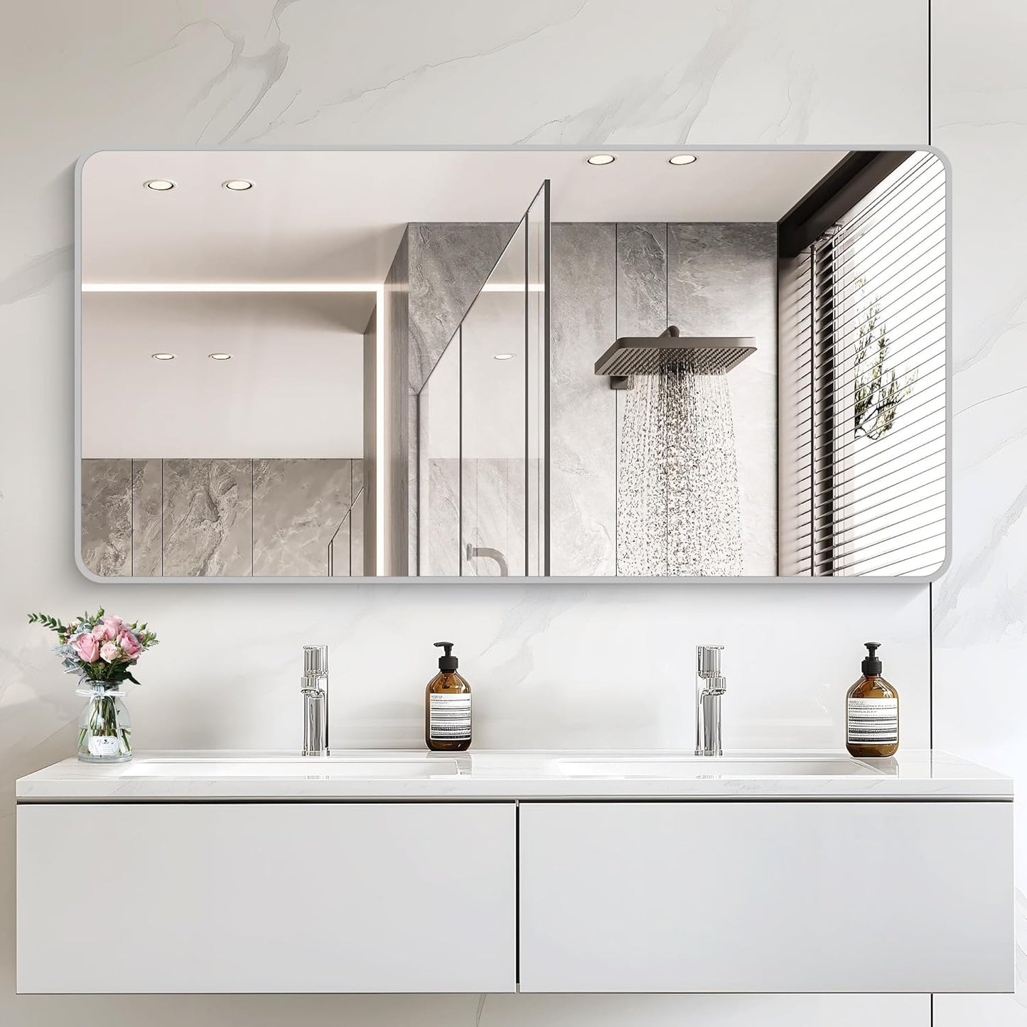 30x60 Inch Silver Bathroom Mirror, Large Rectangular Vanity Mirror, Metal Framed Rectangle Mirror, Rounded Corner Wall Mounted Mirrors for Living Room Bedroom Entryway Horizontal or Vertical