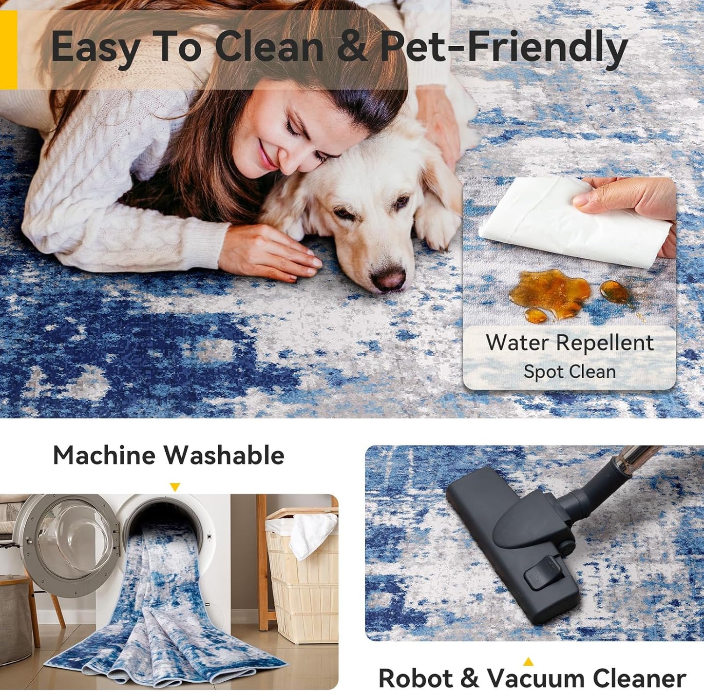 Washable Area Rugs 2'x10' Non-Slip Modern Abstract Soft for Living Room Entryway Bedroom Nursery, Print Pattern, Blue Grey Navy Gray