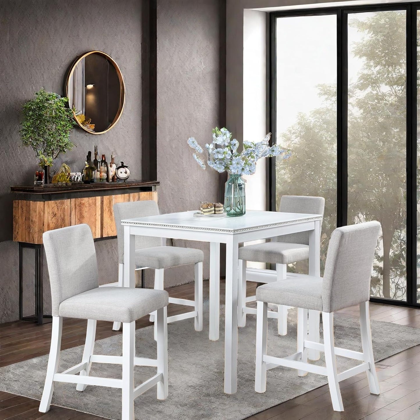 5PCS Modern White Counter Height Dining Table Set, Square Table with Crystal Decoration and 4 Upholstered Chairs for Kitchen, Dining Room