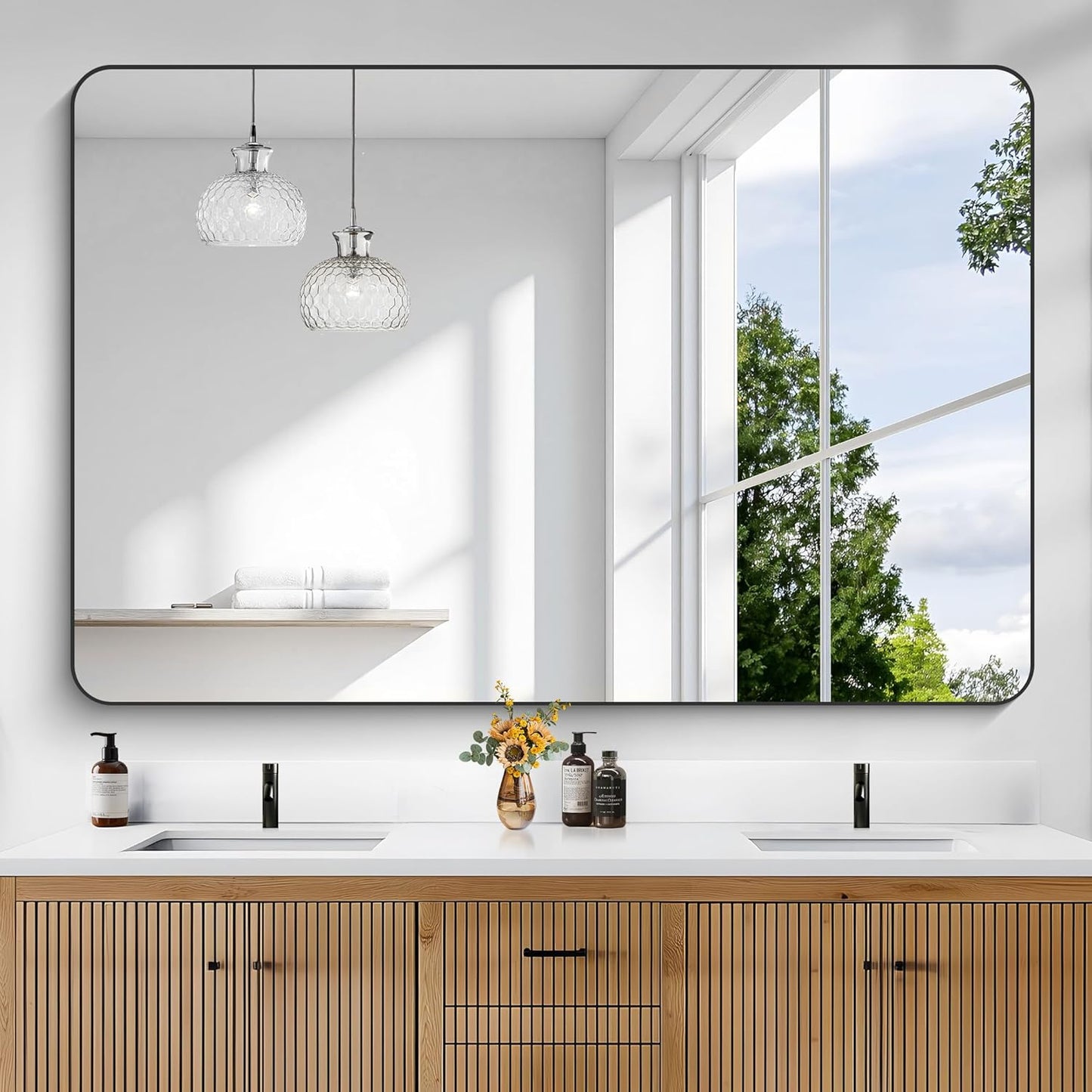 KOCUUY Black Bathroom Mirror 60"x40", Large Vanity Mirror with Rounded Corner, Metal Black Frame with Mordern Design for Bathroom, Living Room, Entryway, Hang Horizontal/Vertical
