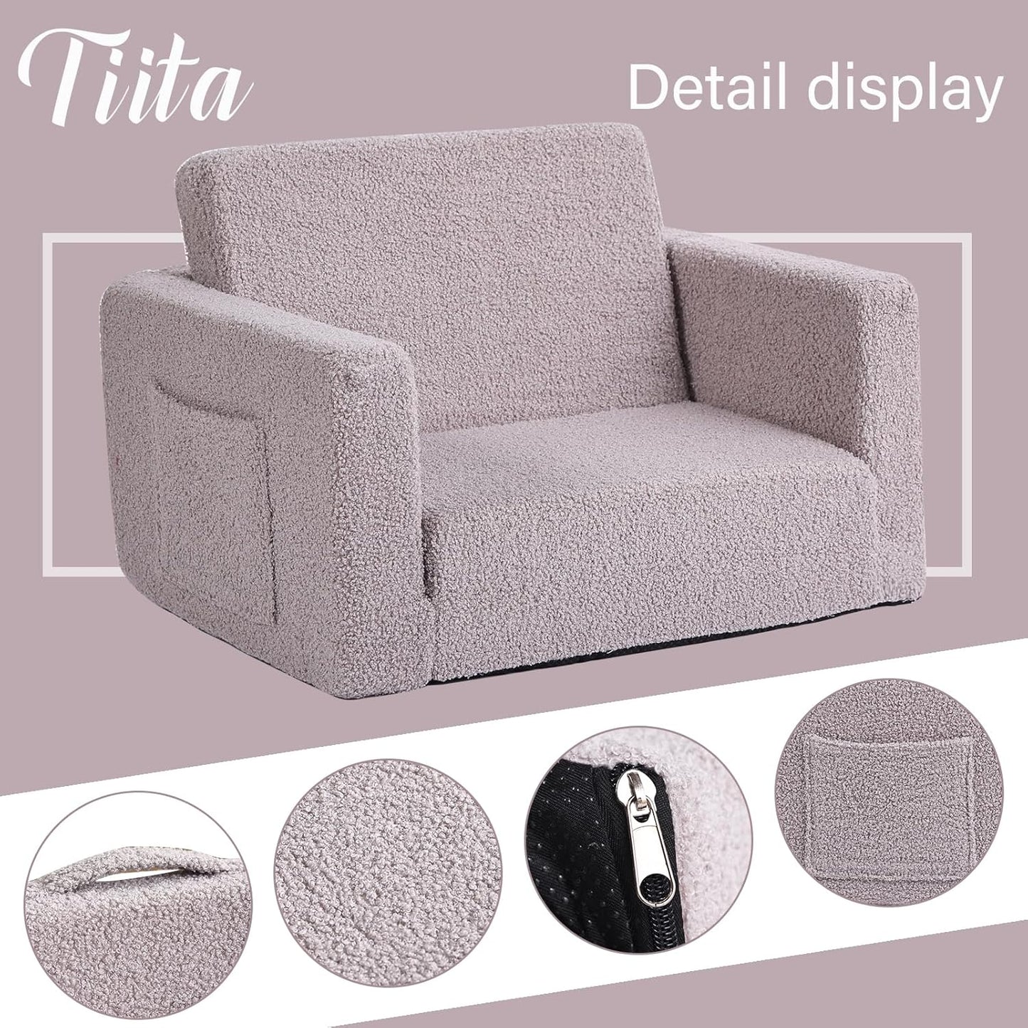 Tiita Kids Sofa, 2-in-1 Todder Couch, Convertible Children Couch to Lounger, Flip Out Kids Sofa Chair, Toddler Armrest Chair Bed, Folding Kids Play Sofa for Girl or Boy (Grey)
