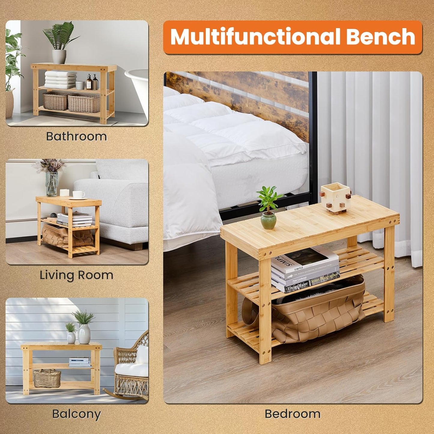 Sweetcrispy Shoe Rack Bench, 3-Tier Bamboo Entryway Storage Organizer, 286lb Capacity, Shoes Stand for FrontDoor Entrance, Bedroom, Living Room, Bathroom, Balcony, 11.3 x 27.6 x 17.8 Inches, Wood