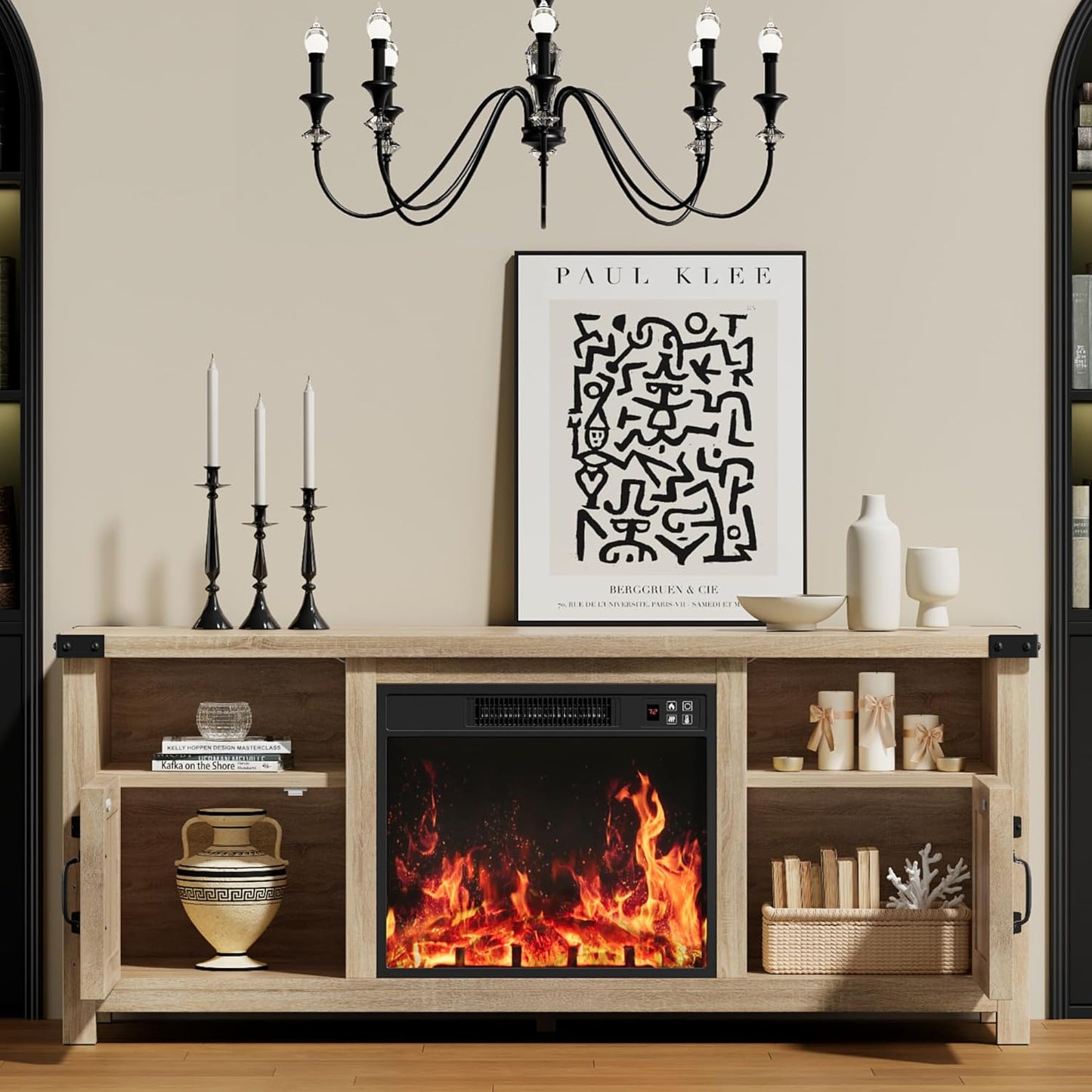 YESHOMY Fireplace TV Stand with Barn Doors and Open Display Shelf, Farmhouse Media Console with Hidden Cable Routing, Entertainment Center for Televisions up to 65+ Inch, Natural Oak