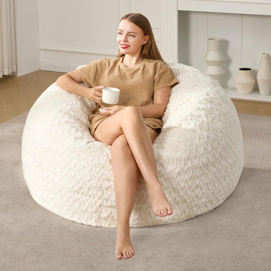 Hobestluk 3ft Bean Bag Chairs for Adults Large Beanbag Chair with Chevron Plush Fur Cover Big Bean Bag Chair for Living Room Bedroom Dorm Office - White (36” x 36” x 22”)