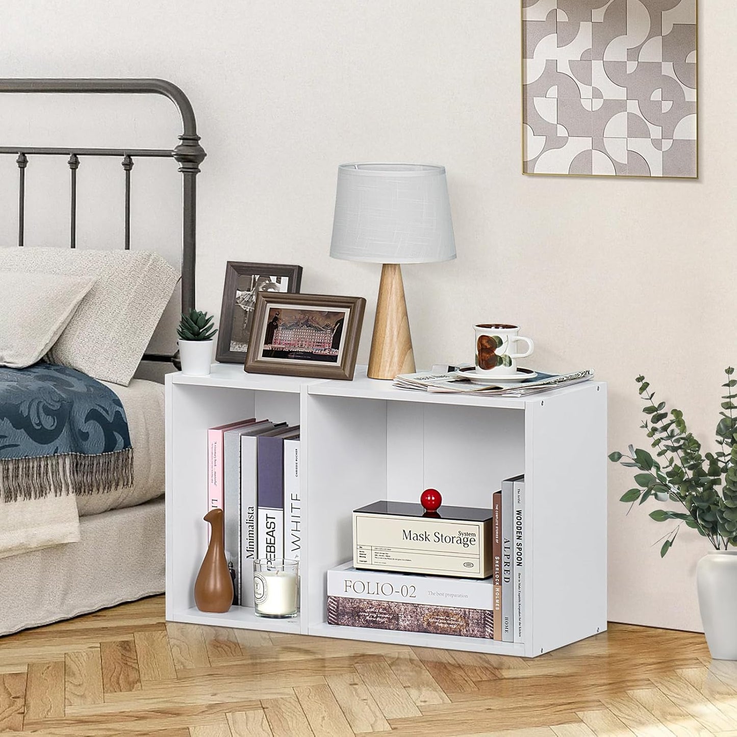 YAHARBO 2 Cube Bookshelf, White Record Player Stand with Vinyl Storage Up to 100 Albums, Horizontal Low Book Shelf, Mini Bookcase with Storage Organizer, Small Turntable Stand for Living Room, Bedroom