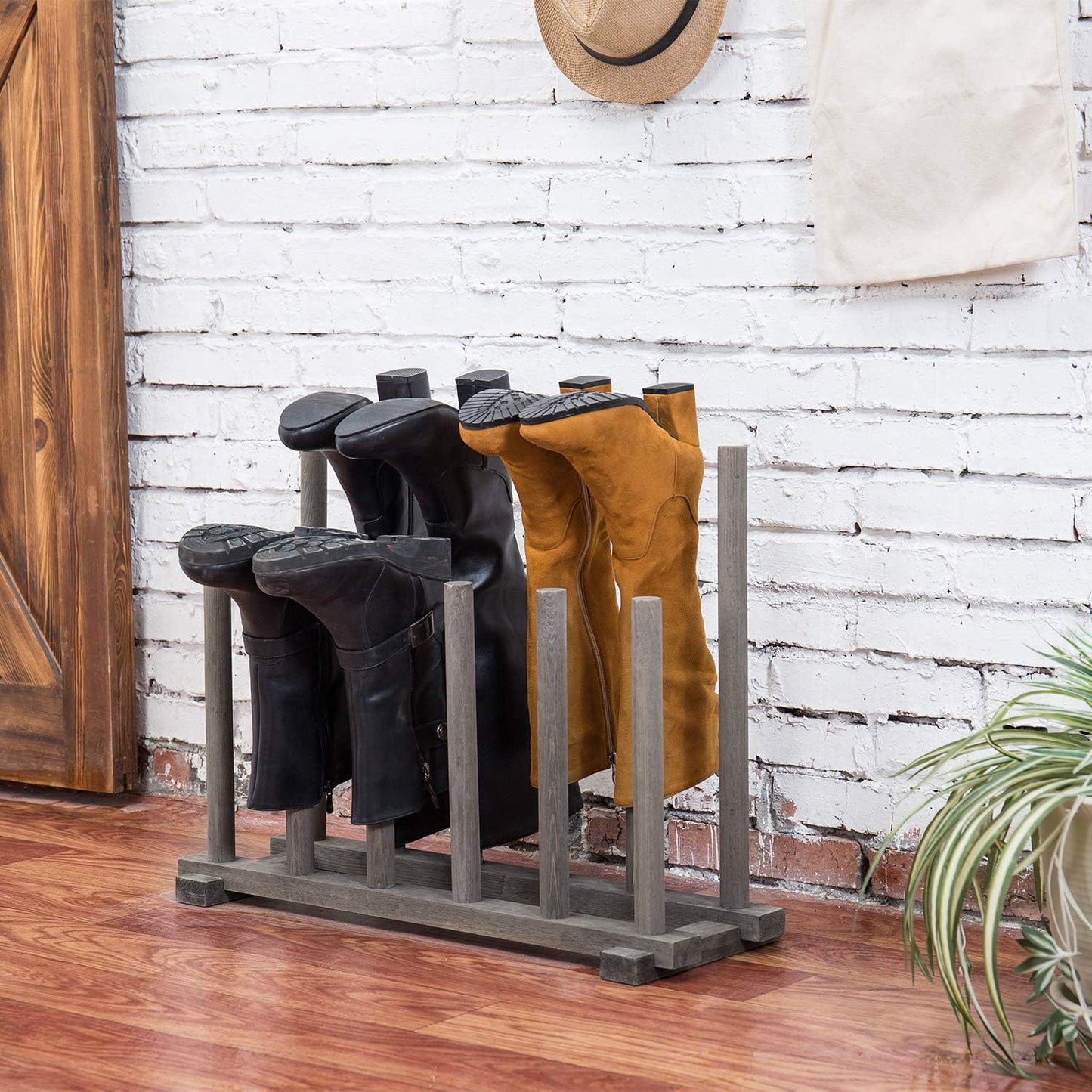 MyGift Vintage Weathered Gray Solid Wood Floor Standing Boot Holder Rack, Wooden Entryway Shoe Storage Organizer Stand Holds 6 Pairs of Tall and Short Boots