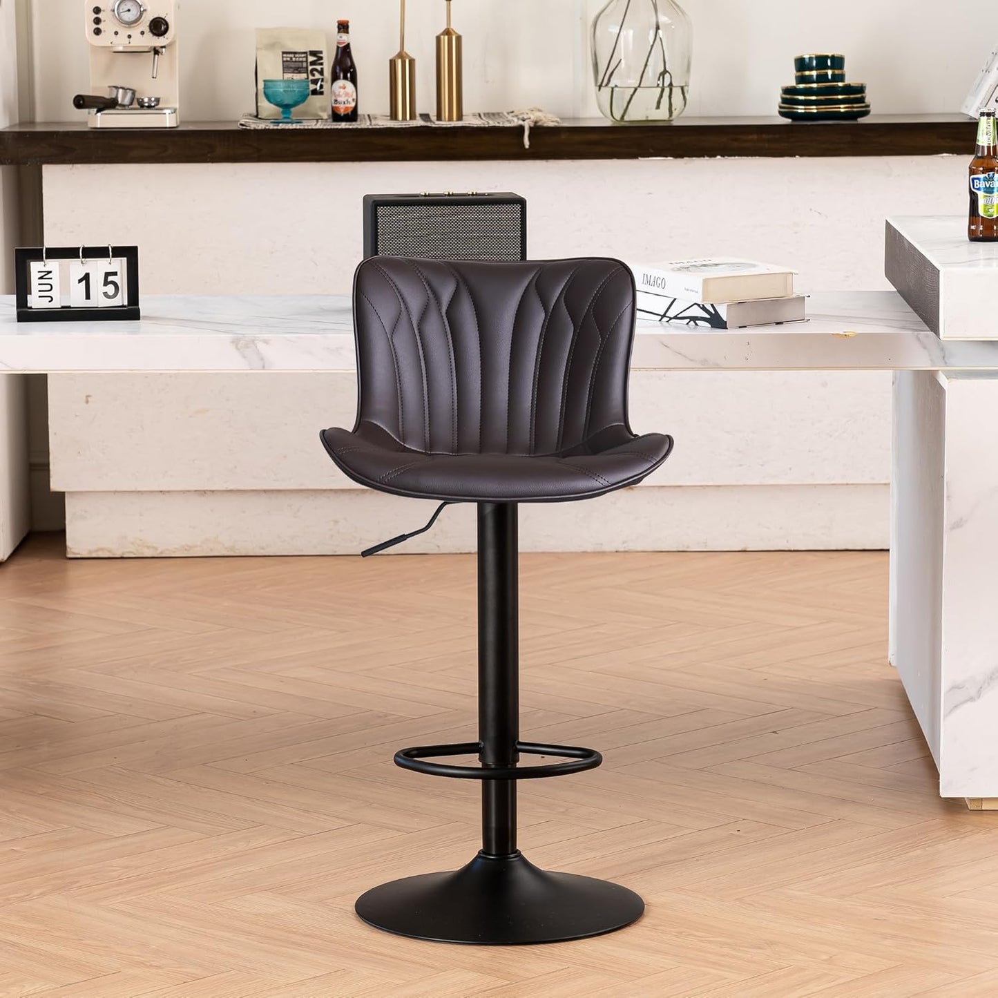 YOUNIKE Single Brown Bar Stools Modern Swivel Counter Height Bar Chair with Back Adjustable Kitchen Island Faux Leather Padded Barstools taburetes de bar Breakfast sillas para barra de cocina 1PCS