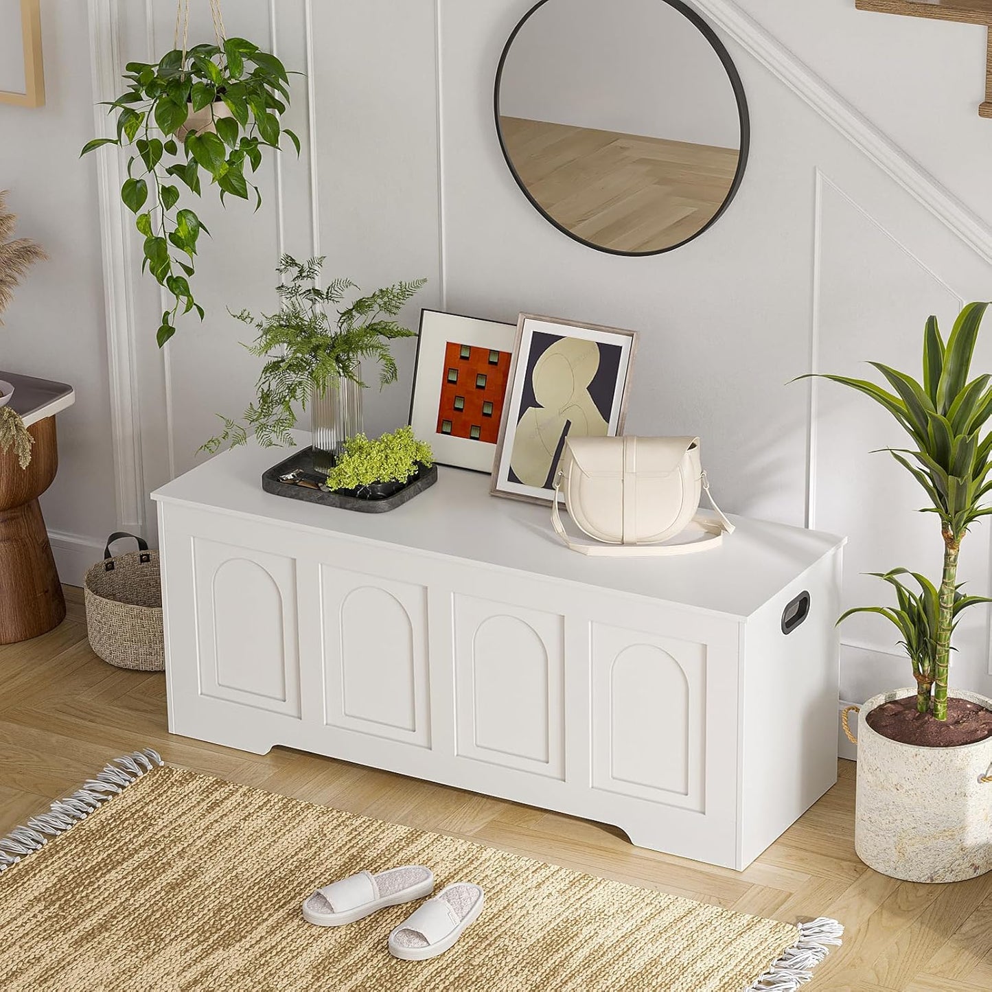 DINZI LVJ Storage Chest, 47.2”Wooden Storage Box with 2 Safety Hinges, Entryway Shoe Bench with Flip-Top, Large Trunk for Living Room, Bedroom, Easy Assembly, White