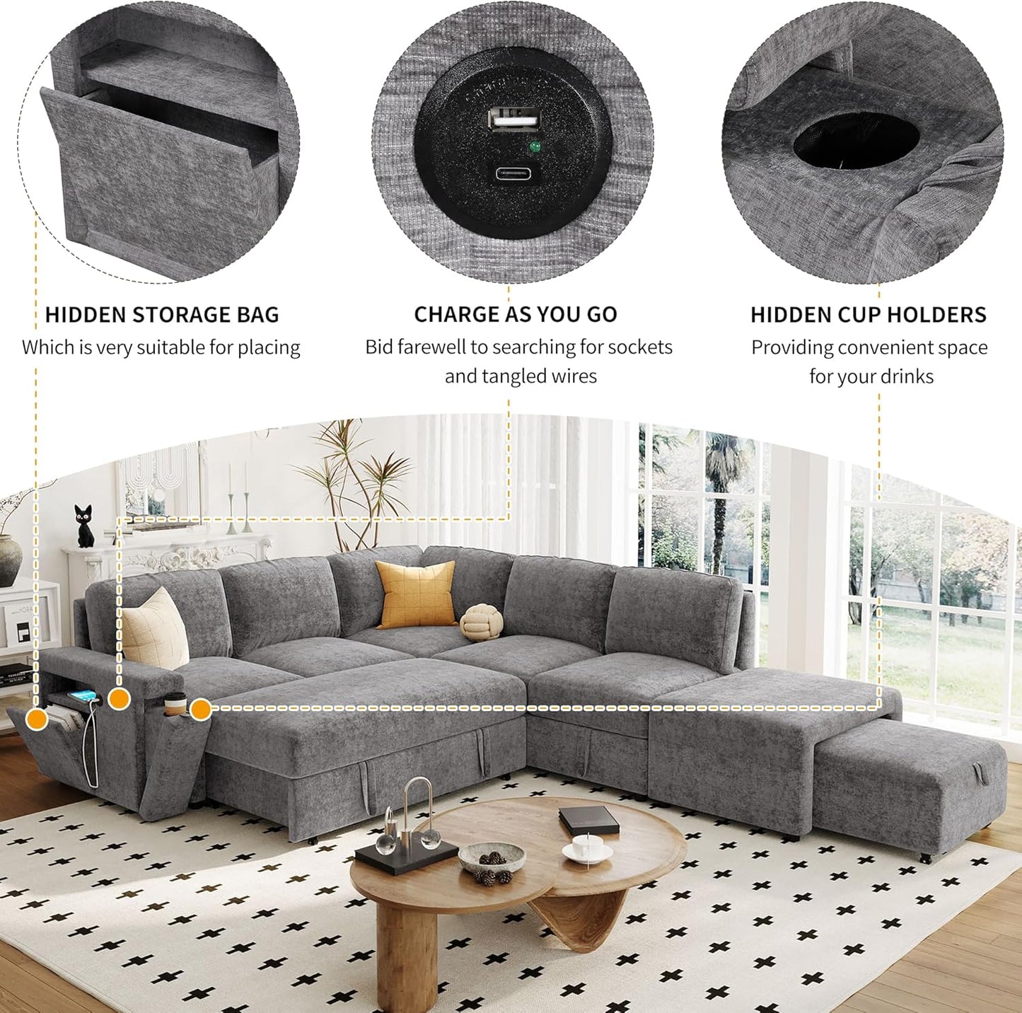 Merax L-Shaped Modular Sofa with Removable Storage Ottoman, USB Ports and Cup Holder, Upholstered Sectional Couch & Armrest, Free Combination Indoor Furniture for Living Room, Apartments, Gray