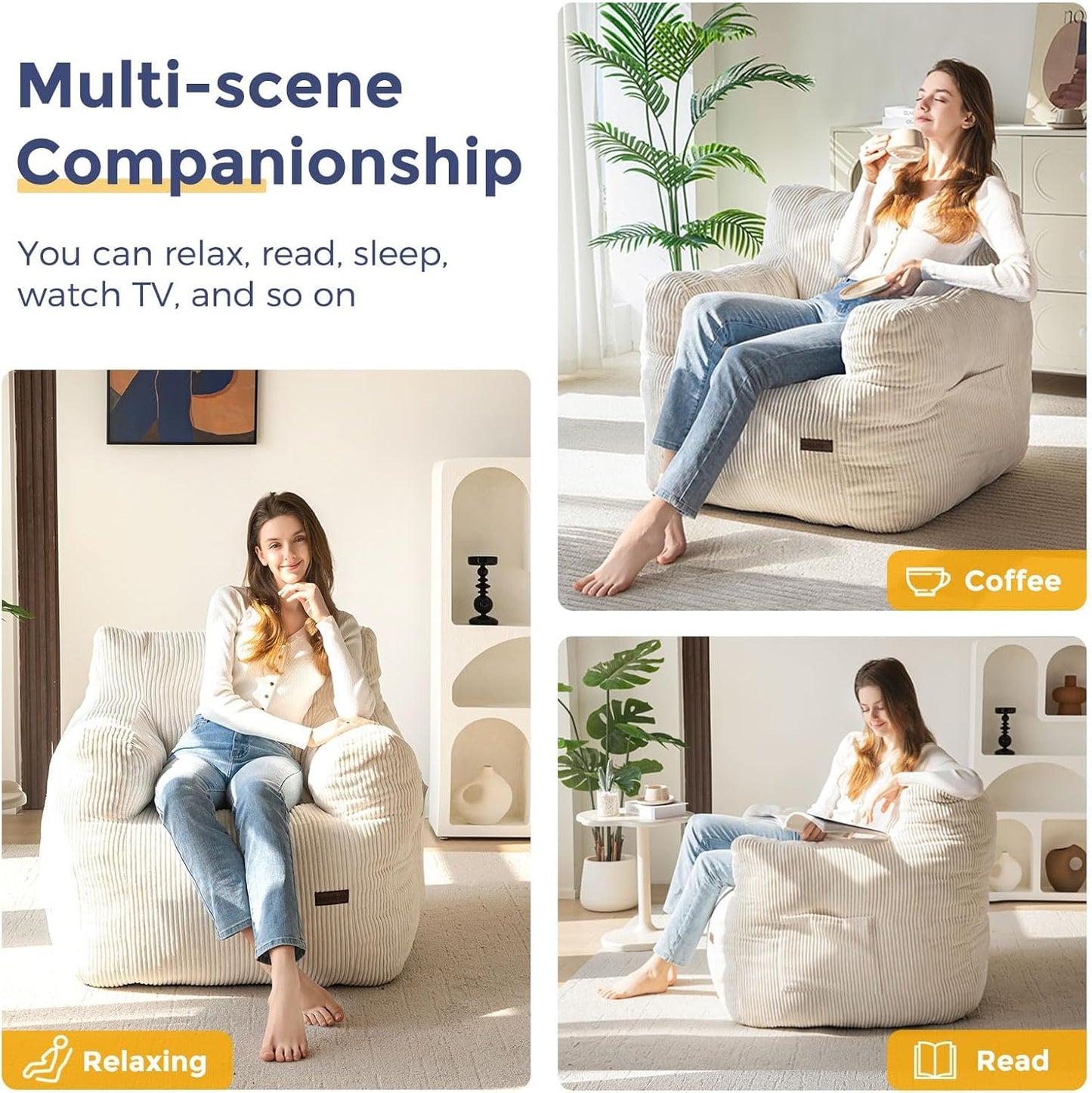 MAXYOYO Bean Bag Chair, Tufted Bean Bag Couch Lazy Chair, Living Room Sofa Couch with Filler for Adult Teens Kids, Corded Fabric Accent Sofa for Bedroom Dorm, Beige