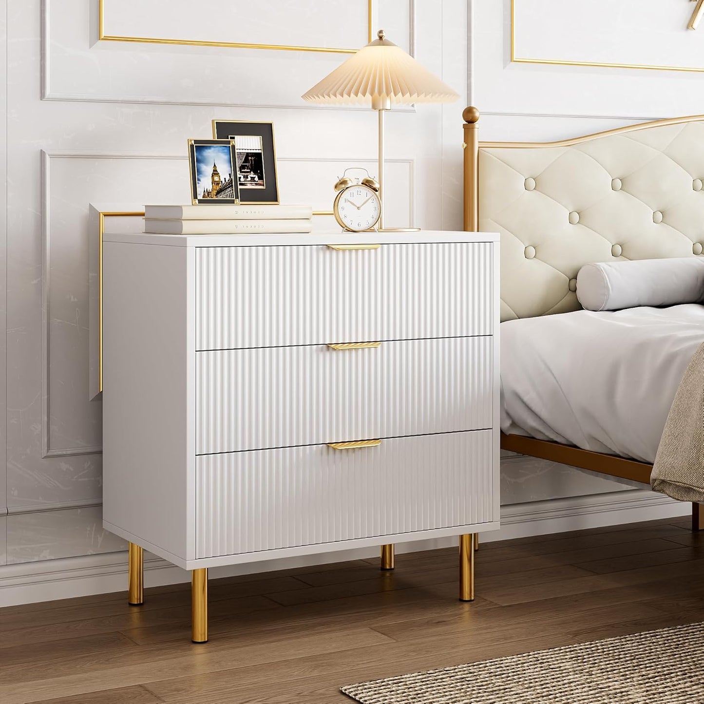 White Dresser, Modern 3 Drawer Dresser for Bedroom with Gold Handle and Large Drawer, Wood Double Chest of Drawers and Storage Organizer for Living Room, Hallway, Entryway