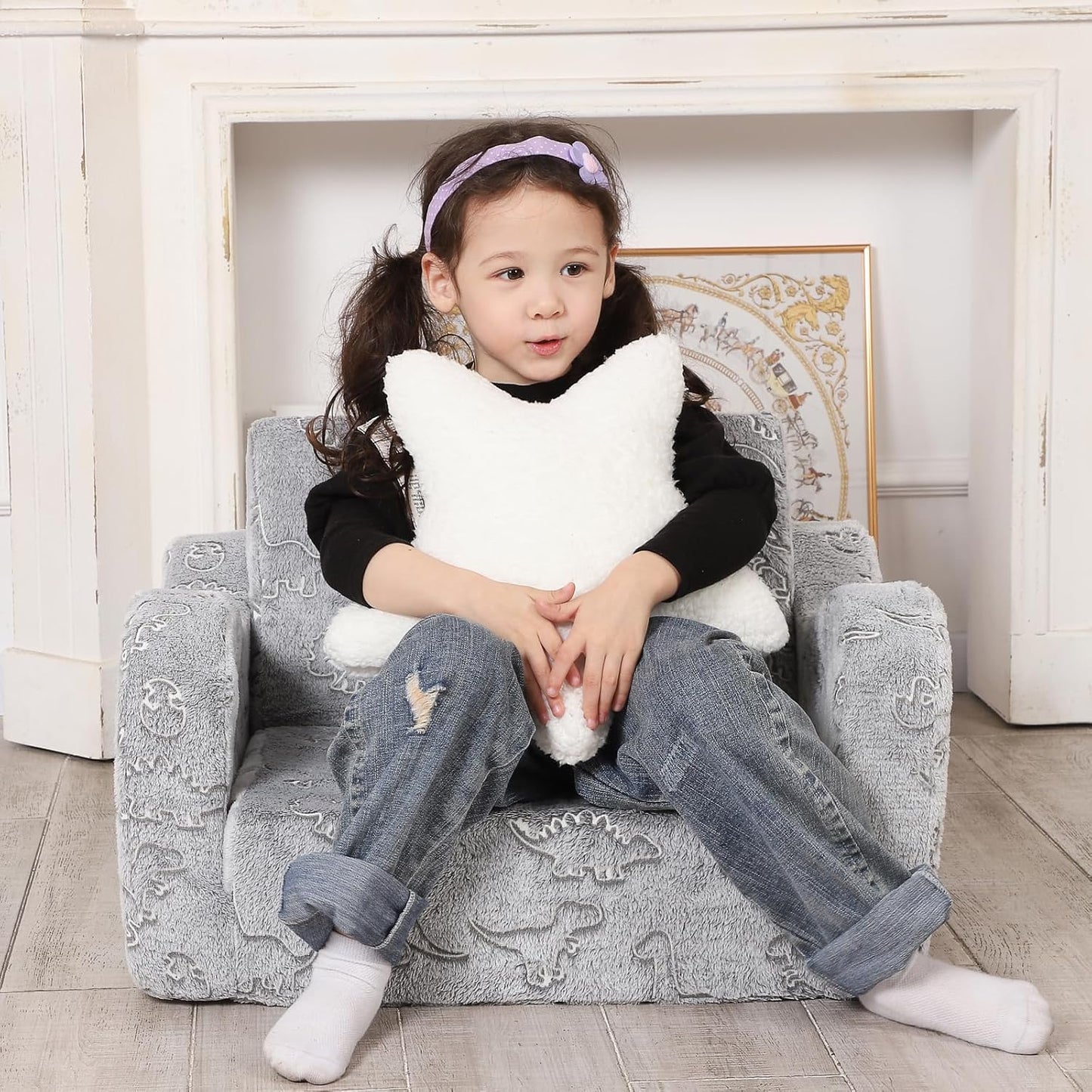 Dinosaur Glow in The Dark Toddler Couch, 2-in-1 Toddler Soft Couch Fold Out with Star Pillow, Convertible Sofa to Lounger for Girls and Boys, 1-Seat