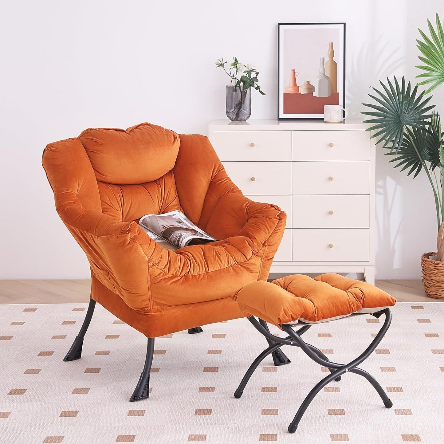 Lazy Chair with Ottoman, Modern Chair with Folding Footrest, Lounge Accent Chair, Comfortable Reading Chair, Oversized Armchairs for Bedroom, Study, Living Room, Courtyard (Velvet Orange)