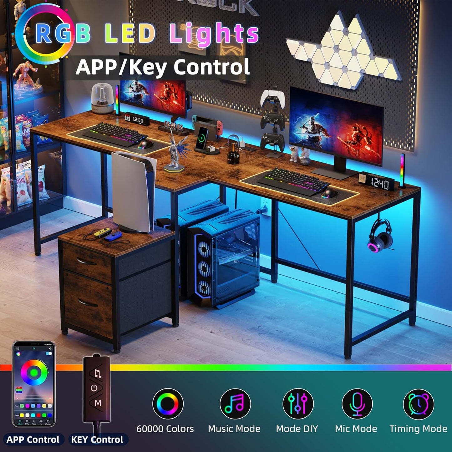 T-Shaped 2 Person Desk with Power Outlet, Long Two Person Gaming Table with LED & Fabric Drawers, 81.2'' Computer Desks with File Cabinet, Double Workstation for Home Office, Rustic Brown