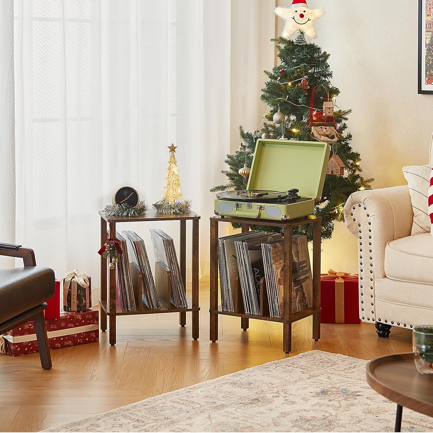 LELELINKY 2-Tier Bamboo Record Player Stand Set of 2 with Vinyl Record Storage up to 100 Albums, Boho Bedroom Record Holder and Multi-Functional End Table for Living Room, Brown