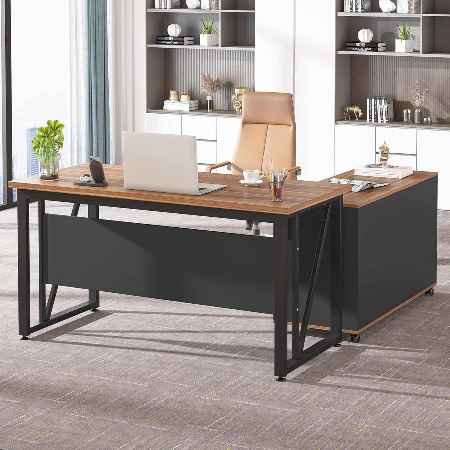 Tribesigns 55-Inch Executive Computer Desk with 43-Inch Lateral File Cabinet, Large Workstation Business Furniture, L Shaped Desk with Drawers and Storage Shelves for Home Office, Walnut