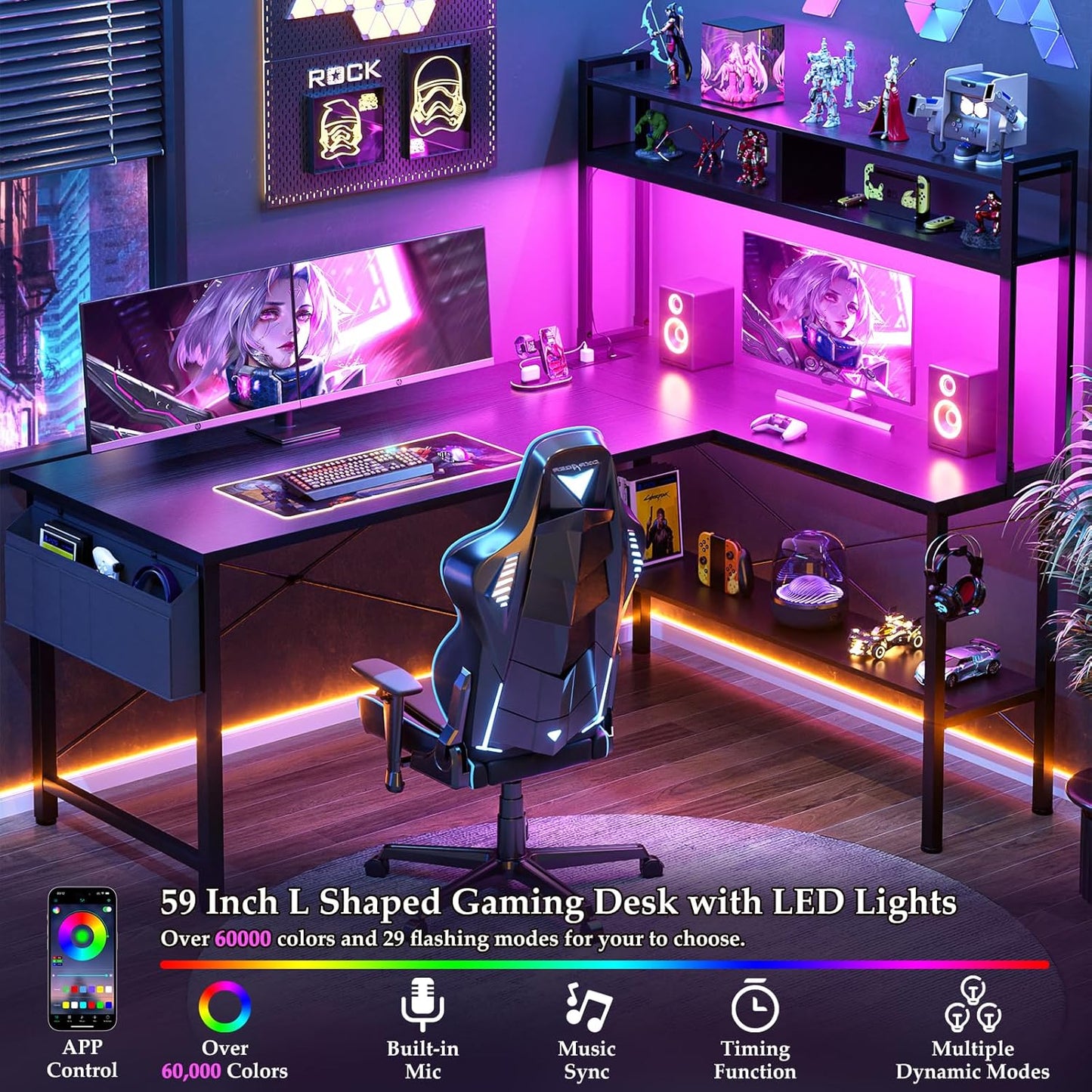 Aheaplus L Shaped Desk Gaming Desk, 59" L Shaped Computer Desk with LED Light & Power Outlet, Reversible Home Office Desk Gamer Desks with Shelves & Storage Bag & Hooks, Corner PC Desk, Black