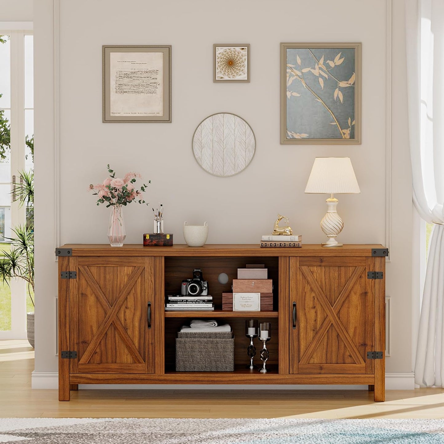 YESHOMY Farmhouse Buffet & Sideboard, 58" Kitchen Storage Cabinet with Adjustable Shelves & Doors, Wood Coffee Bar for Living Room, Entryway, Brown