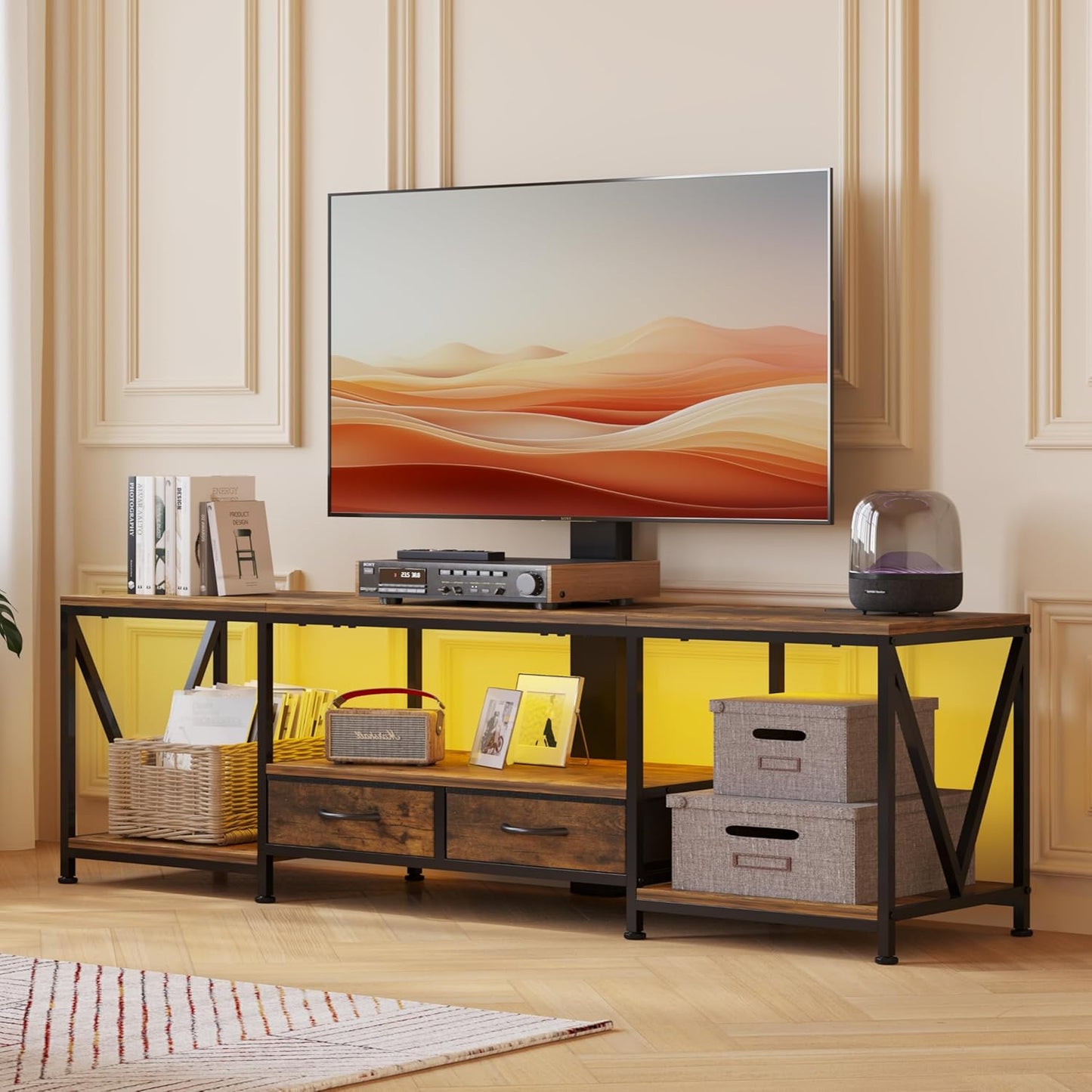 63" W TV Stand with Mount for 50,55,65,75" TV,Entertainment Center with Power Outlet and Led Lights,Height Adjustable TV Console Table with Shelves and Fabric Drawers (Rustic Brown)