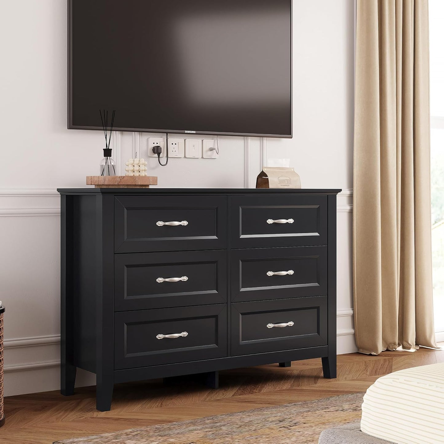 LINSY HOME 6 Drawers Dresser for Bedroom, 47" Wide Wooden Storage Chest with Antique Handles, Modern Farmhouse Dresser TV Stand with Wood Legs for Closet, Living Room, Hallway, Black