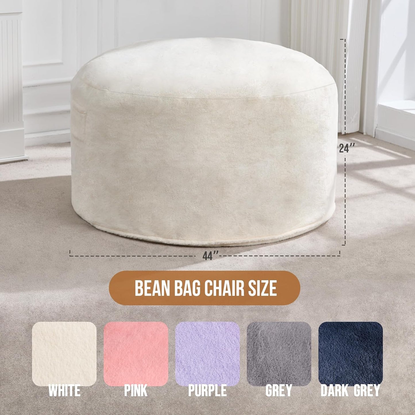 Hobestluk 4FT Bean Bag Chairs for Adults Large Beanbag Chair with Plush Faux Fur Cover Big Bean Bag Chair for Living Room Bedroom Dorm Office - White (44” x 44” x 24”)