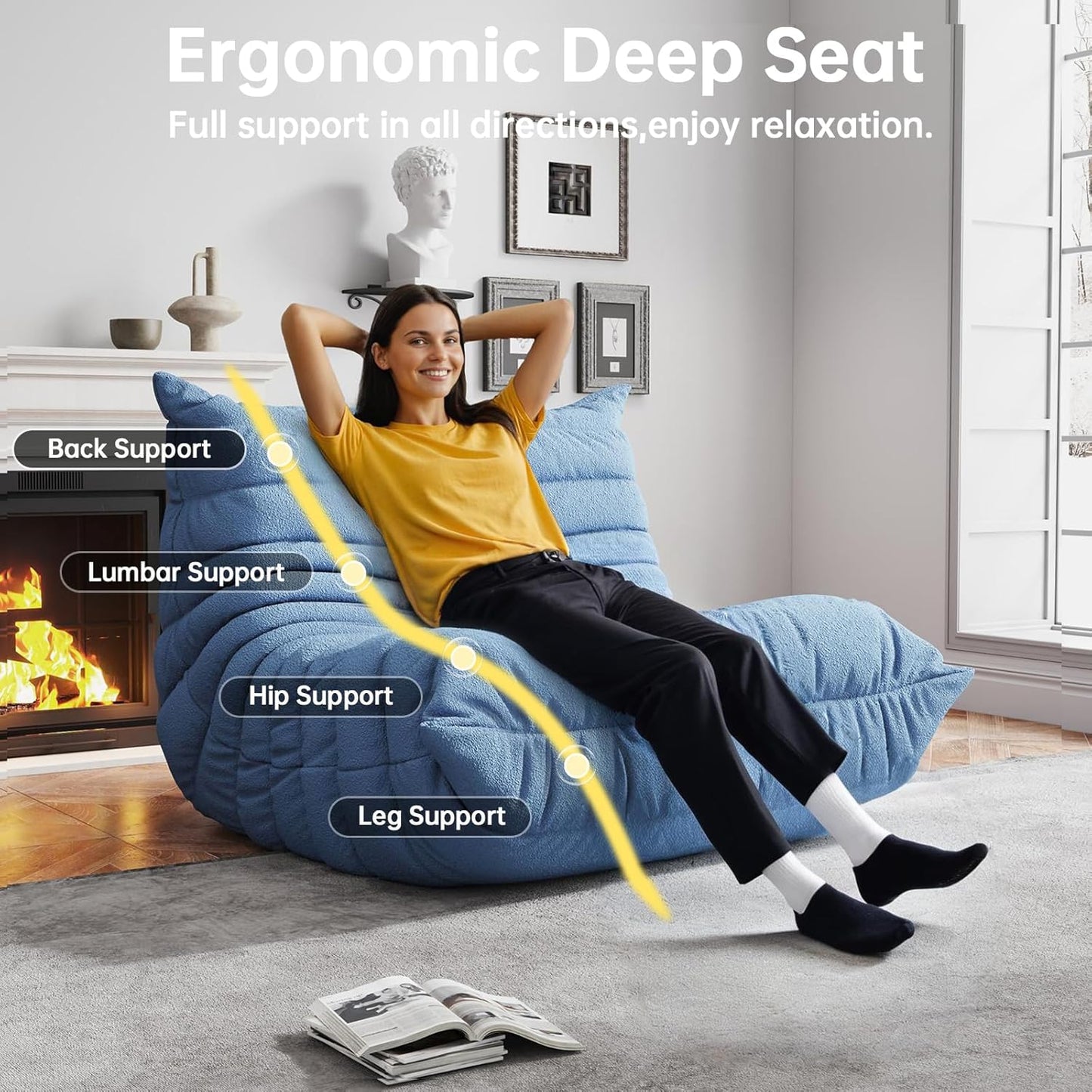 Bean Bag Chairs for Adults, BeanBag Reading Chair Memory Foam Couch, Floor Chair Soft Teddy Material, Comfy Reading Nook Chairs for Bedroom Living Room Office