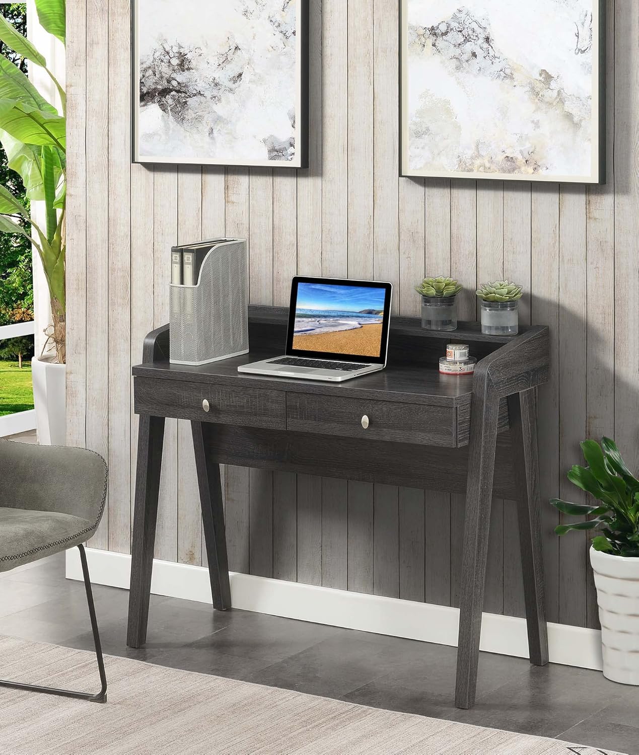 Convenience Concepts Newport Deluxe 2-Drawer Desk with Shelf, Weathered Gray