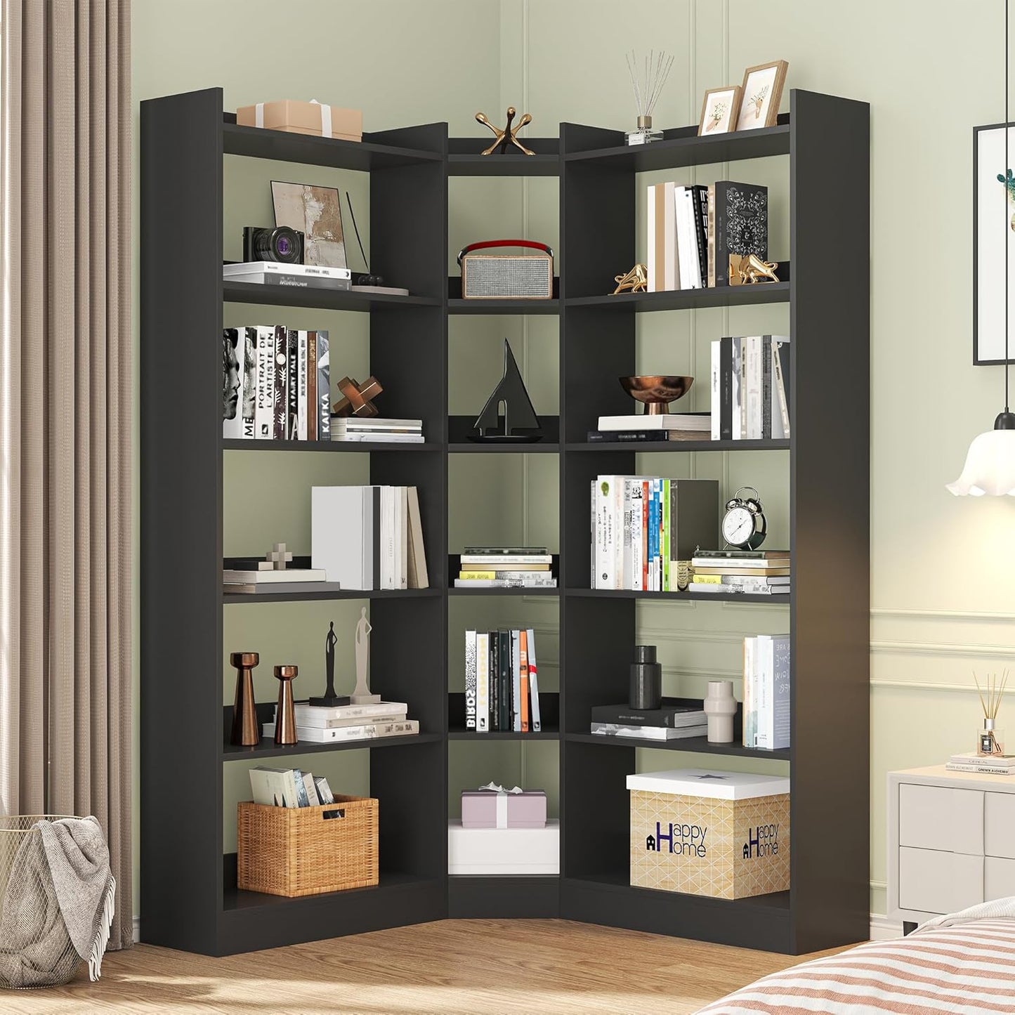 6 Tiers Corner Bookshelf, 63.1" Tall Modern Corner Etagere Bookcase Storage Display Rack Book Shelf with Baffle, Industrial L Shaped Bookshelves for Bedroom, Home Office, Living Room, Black